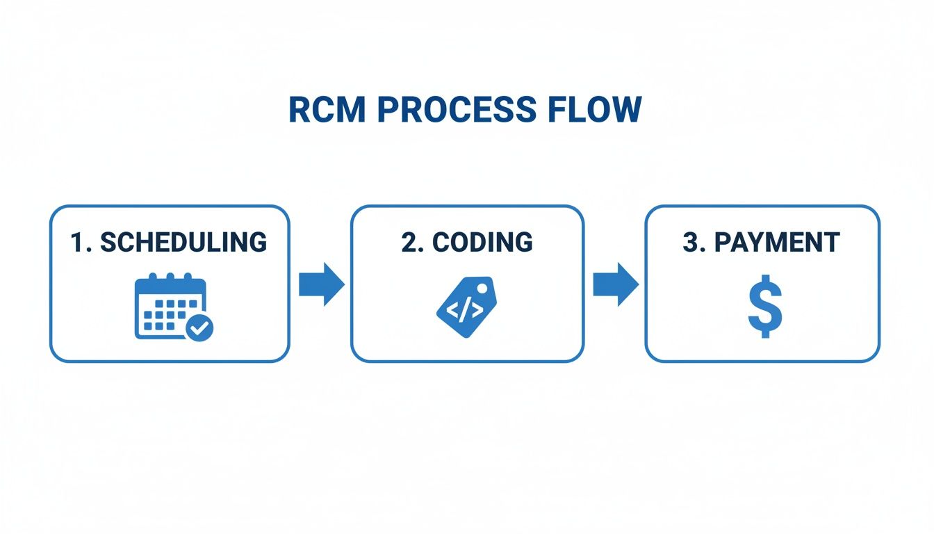 RCM process flow diagram illustrating three steps: scheduling, coding, and payment with icons.