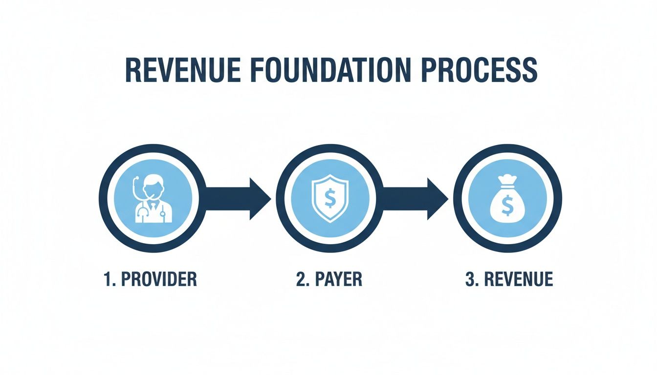 Flowchart illustrating the revenue foundation process: Provider, Payer, and Revenue stages.