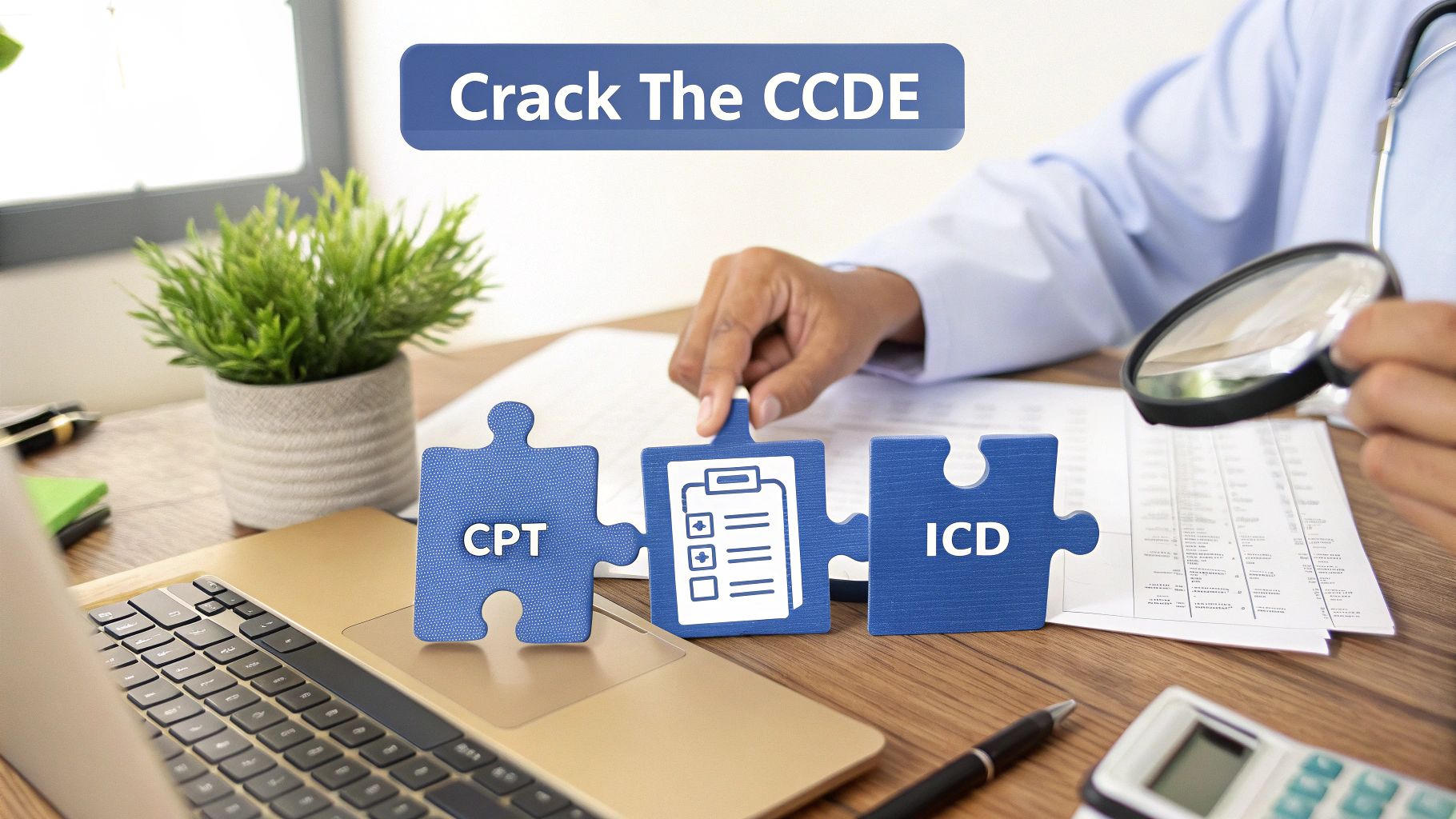 A medical professional connects puzzle pieces labeled CPT and ICD, studying medical billing codes for CCDE certification.
