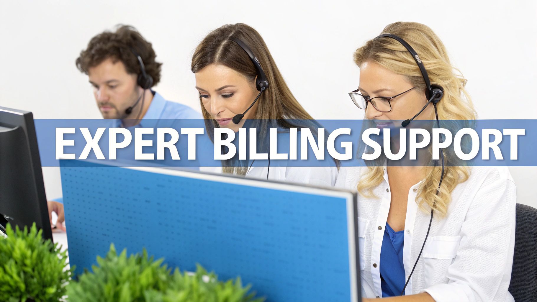 Three call center agents wearing headsets and working on computers, providing expert billing support.
