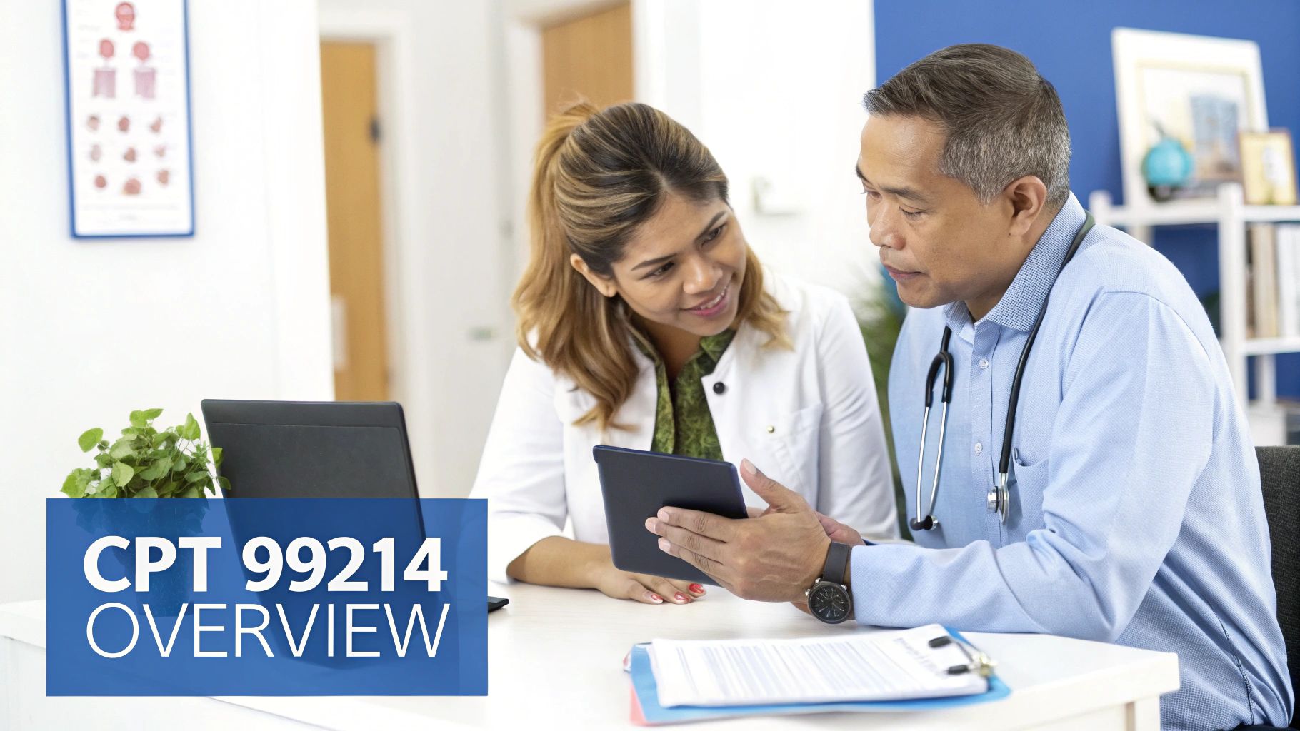 Two healthcare professionals, one with a stethoscope, reviewing a tablet and documents in a medical office.