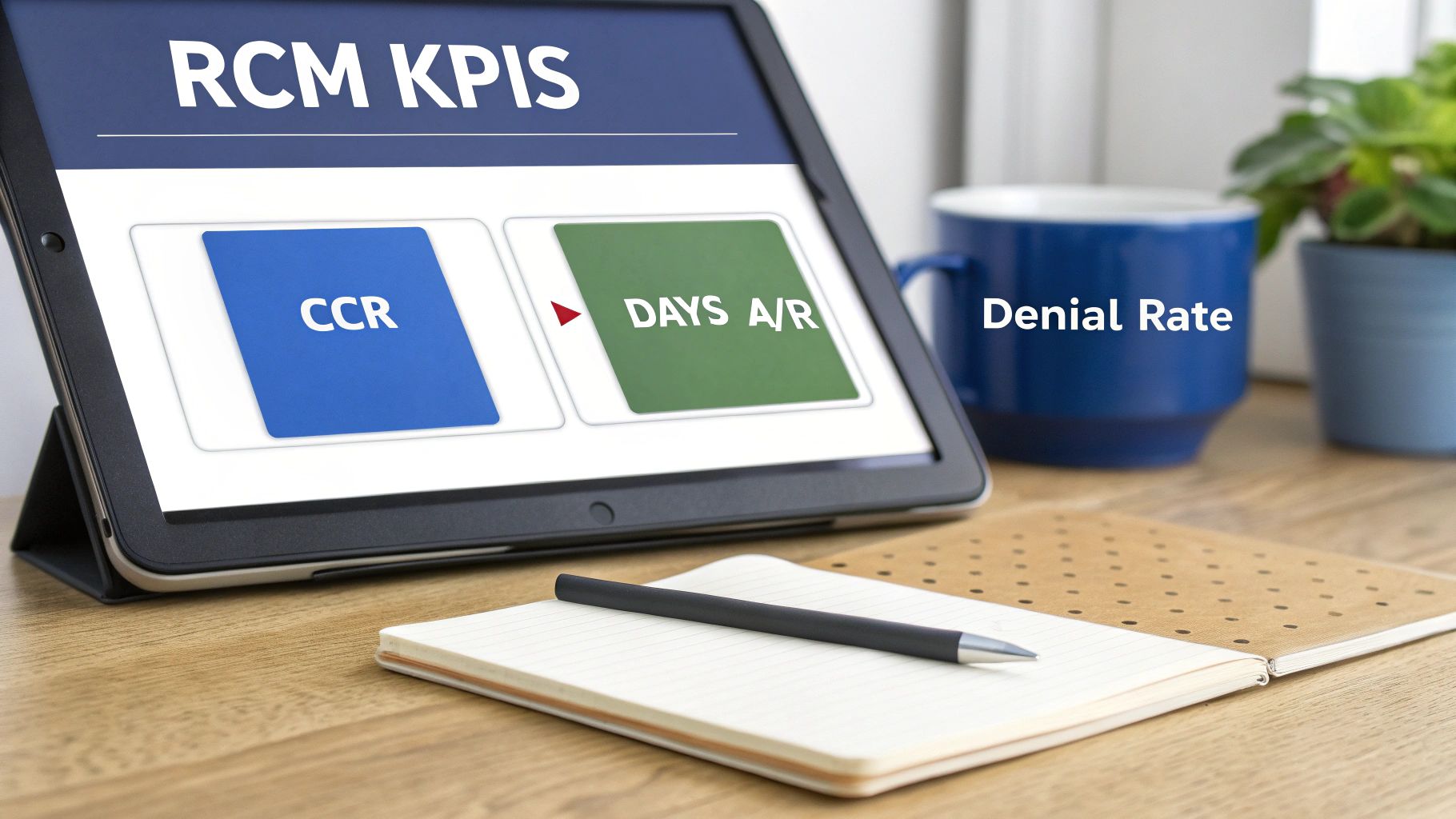 Digital display showing Revenue Cycle Management KPIs like CCR and Days A/R, with a 'Denial Rate' mug.