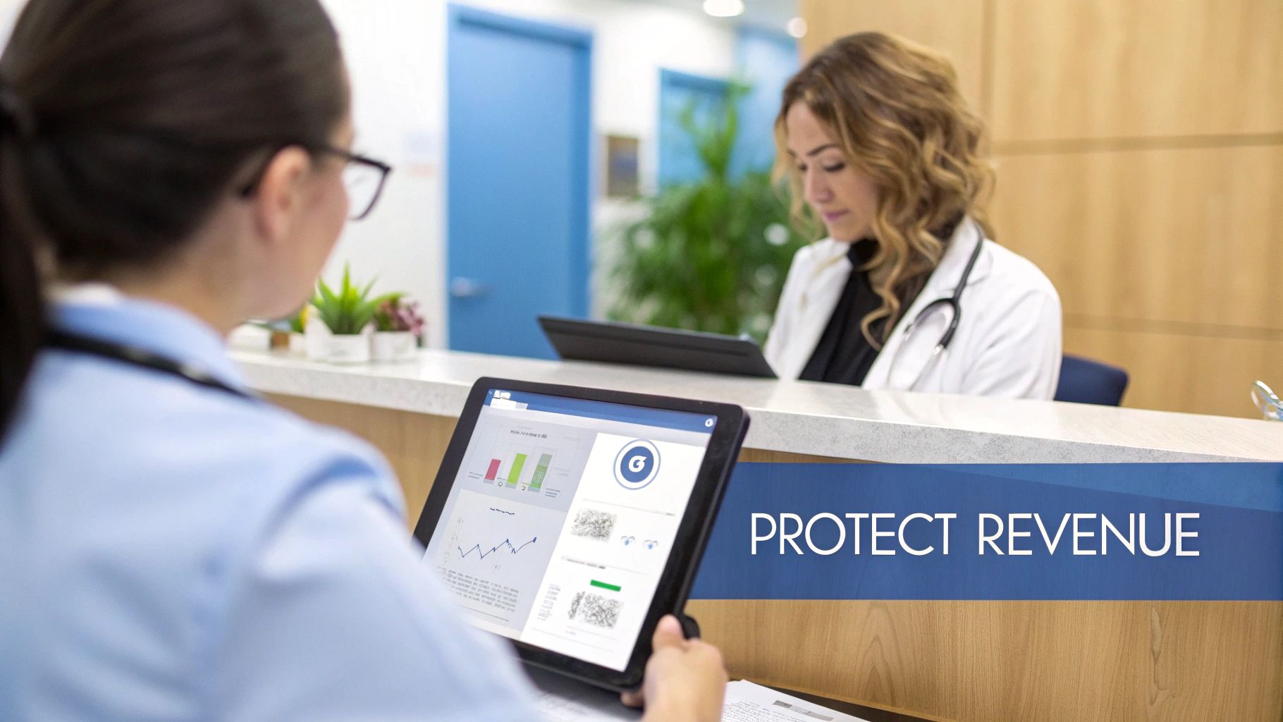 A healthcare professional views revenue data on a tablet, with another doctor working in the background.