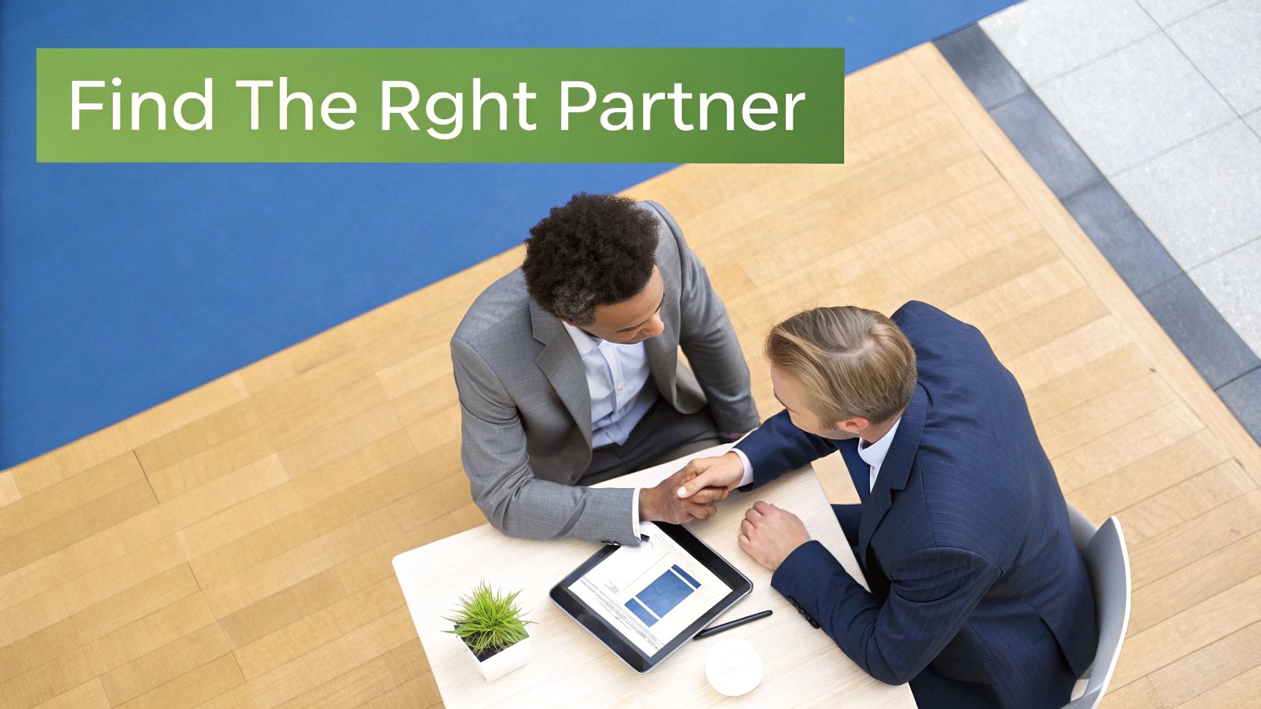 Two businessmen shaking hands at a table with a tablet, symbolizing a new business partnership or agreement.
