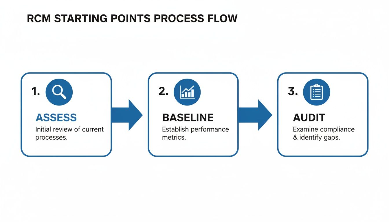 A three-step RCM process flow illustrating Assess, Baseline, and Audit stages for process optimization.