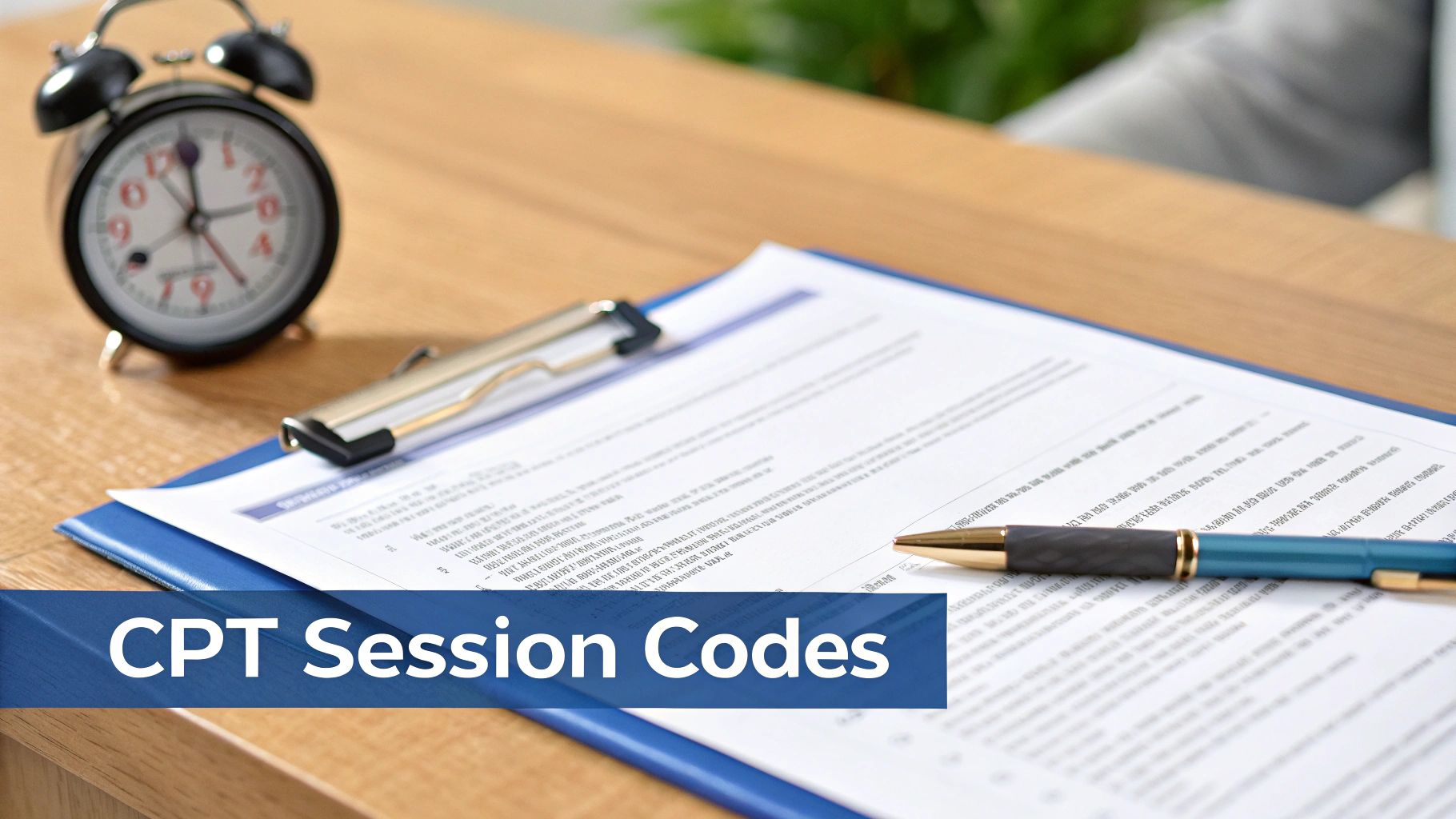 An alarm clock, clipboard with a document, and a pen on a desk, featuring 'CPT Session Codes' text.