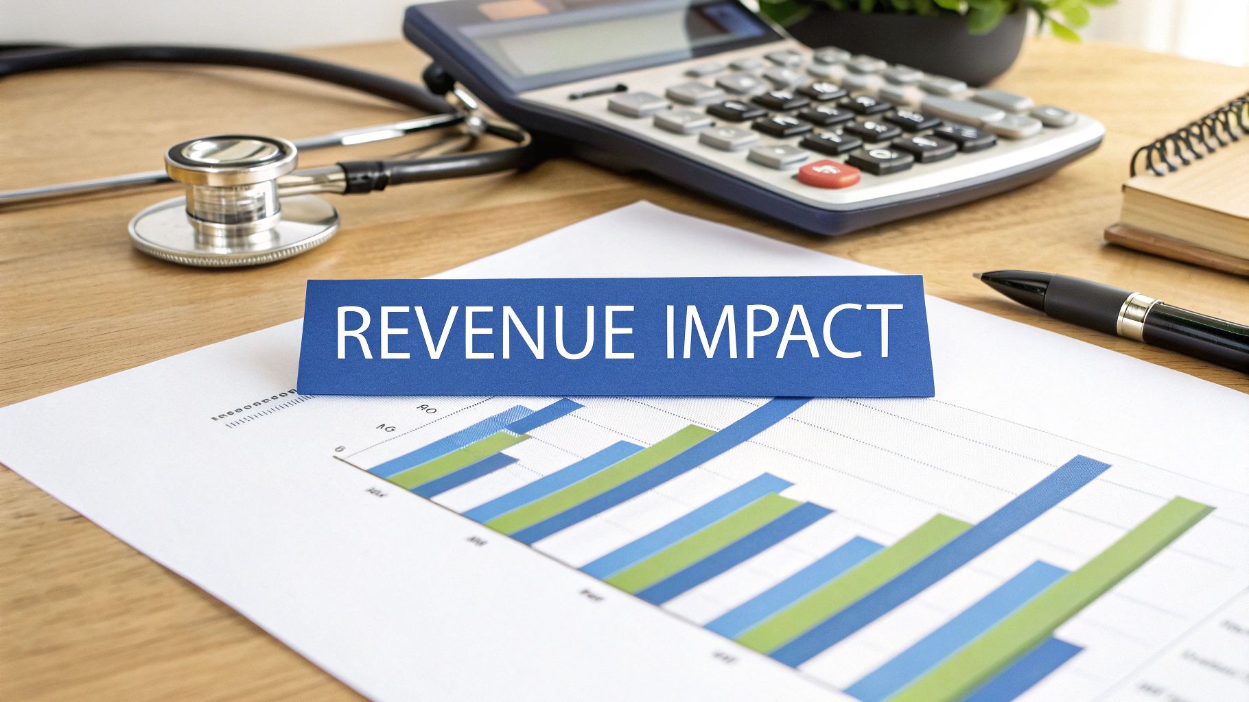 A 'REVENUE IMPACT' sign on a financial bar chart with medical tools and a calculator.
