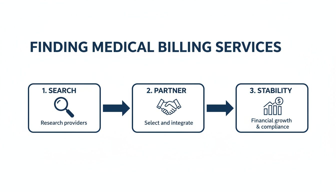 A three-step process for finding medical billing services: search, partner, and stability.