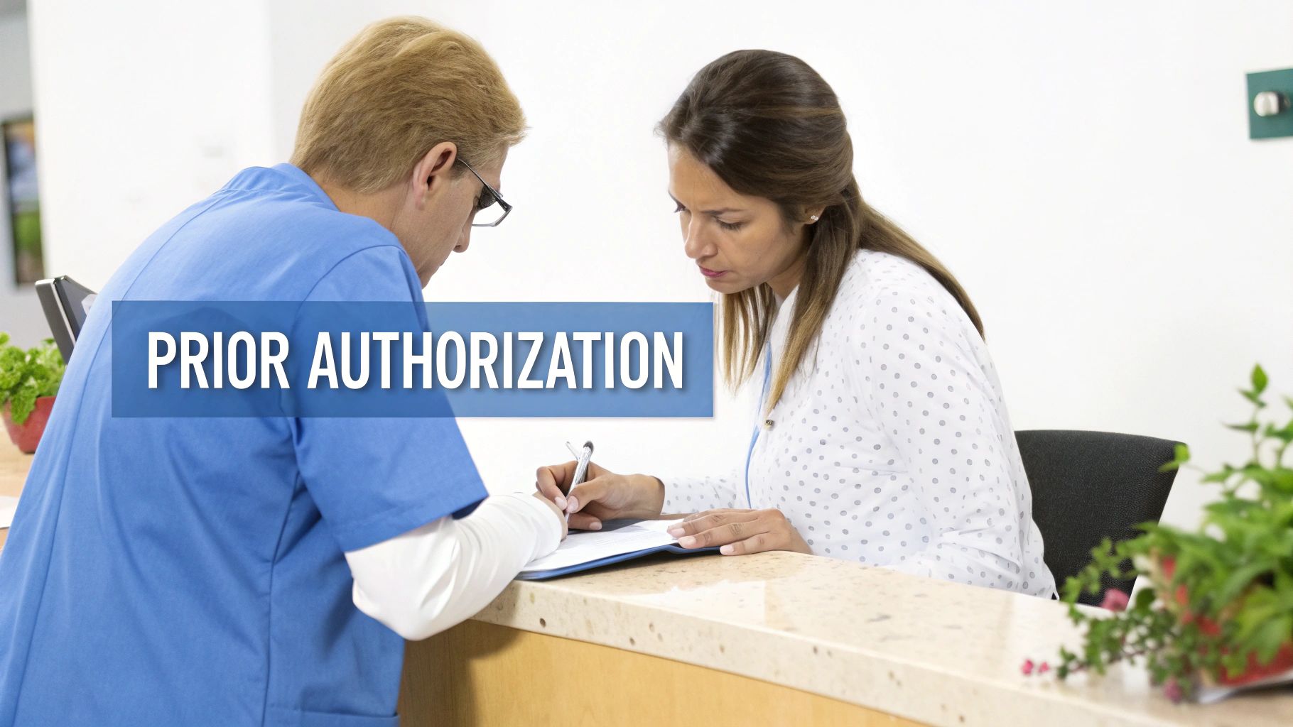 A healthcare professional helps a patient sign prior authorization forms at a reception desk.