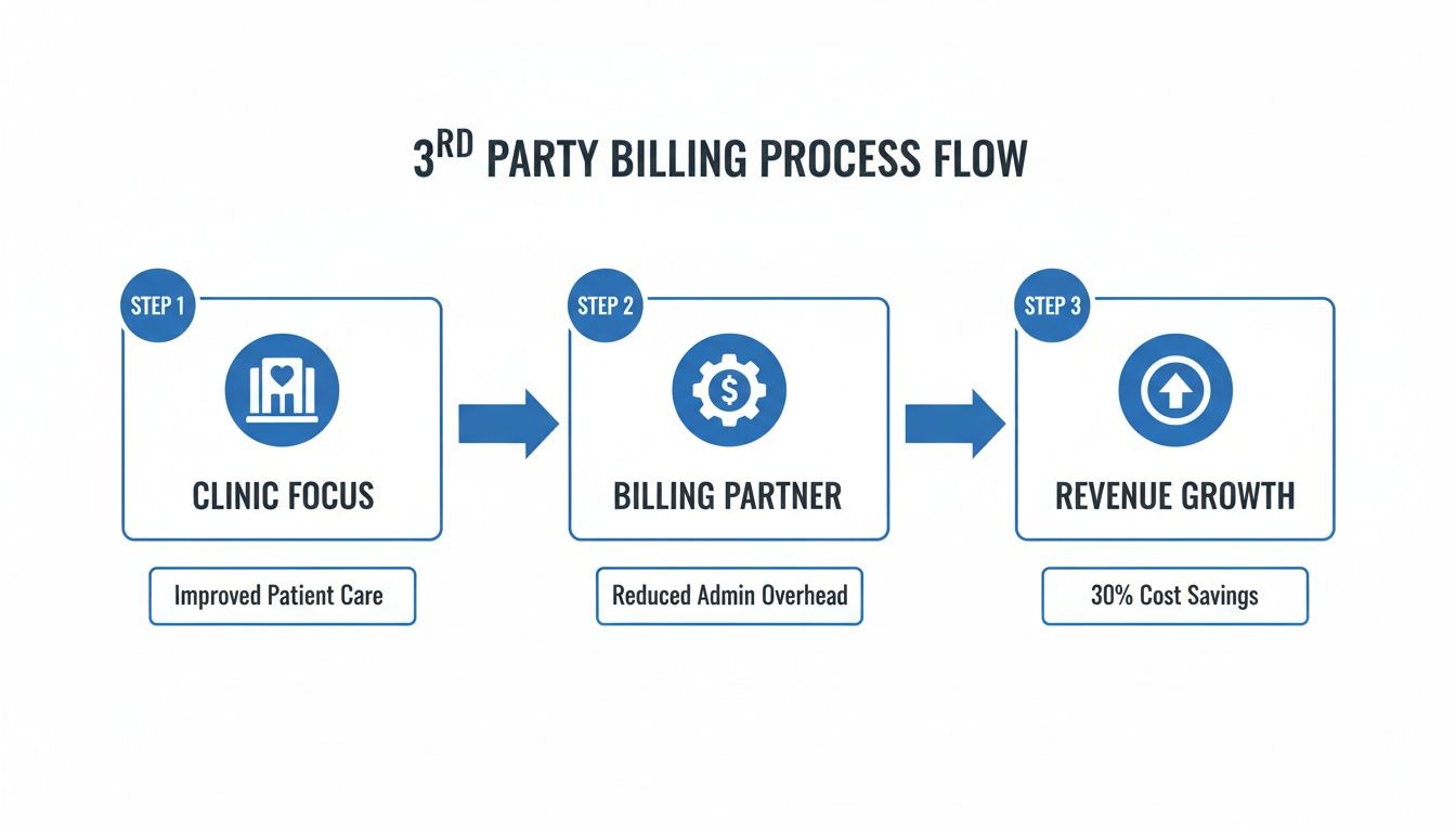 A 3rd party billing process flow showing steps: Clinic Focus, Billing Partner, and Revenue Growth.