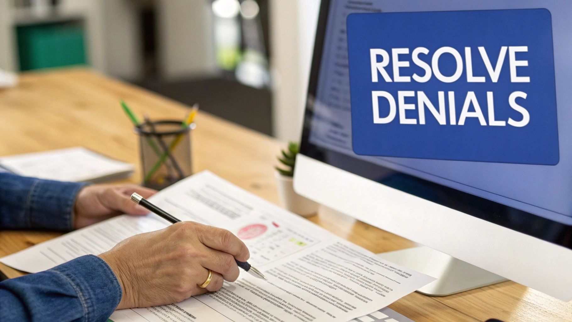 Person reviewing paperwork at a wooden desk with a computer displaying 'Resolve Denials' text.