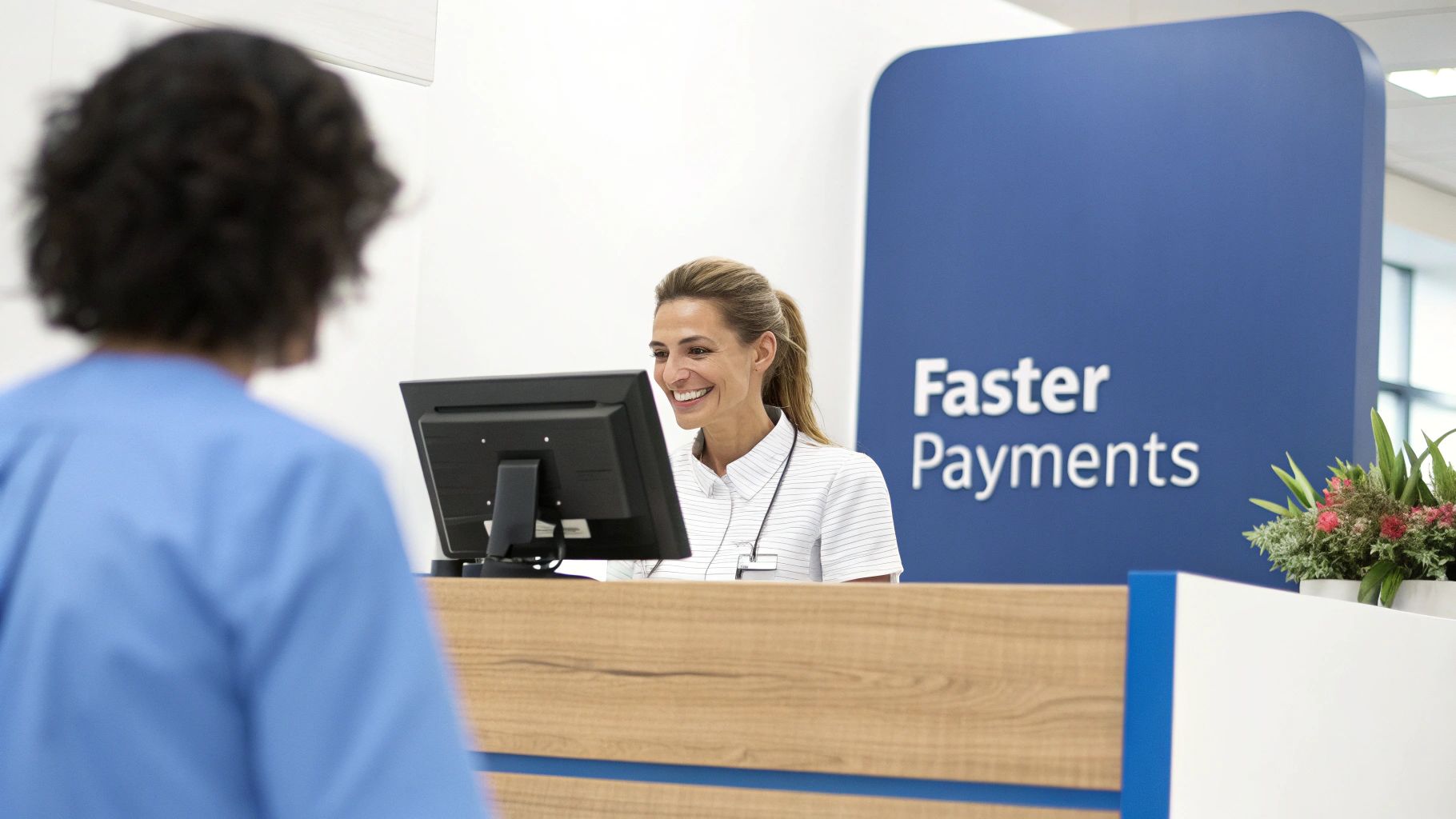 A smiling female receptionist at a clinic desk with a computer, assisting a blurred person in blue scrubs.