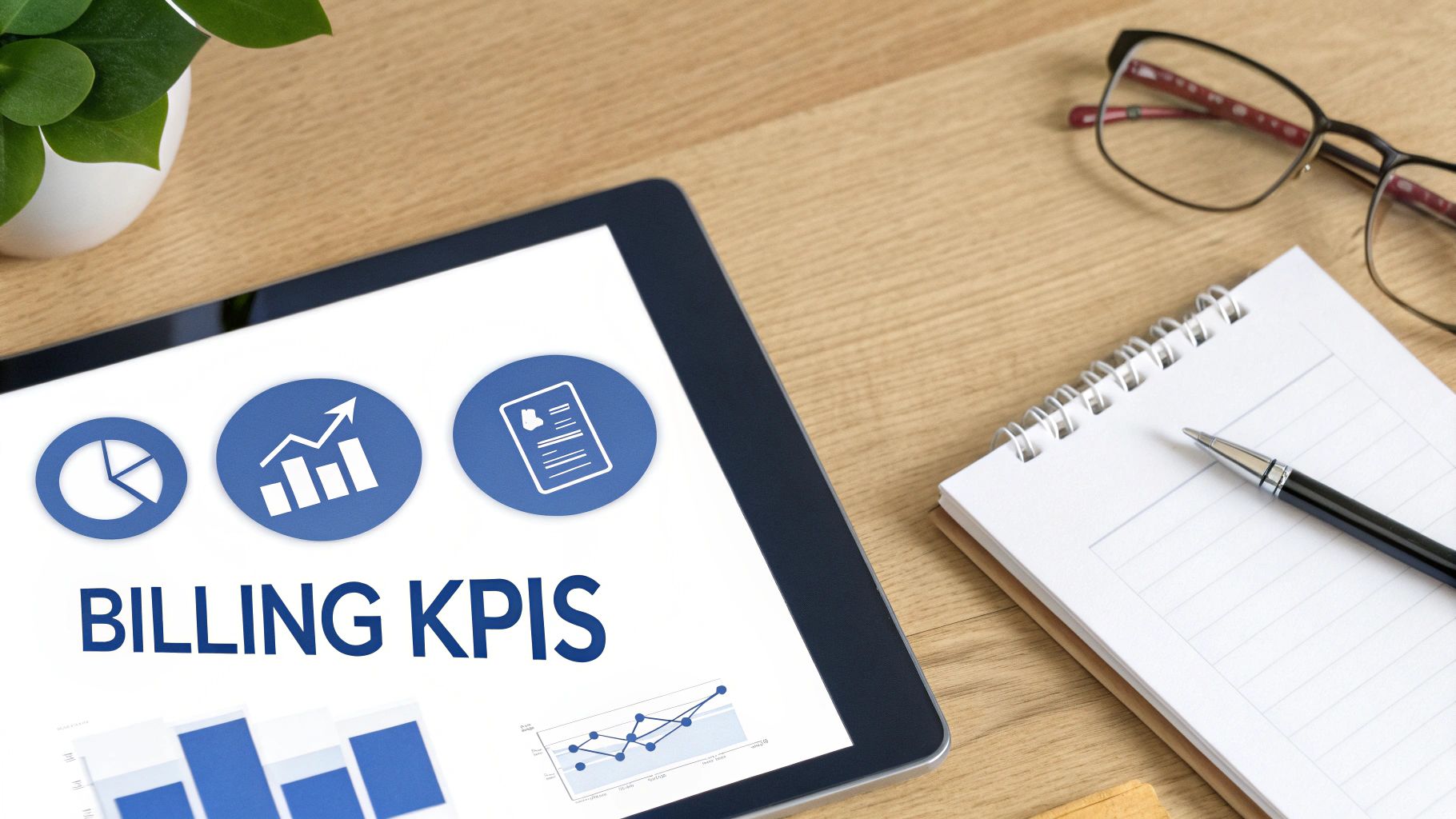 A tablet on a wooden desk displays 'BILLING KPIS' with charts, next to a notebook, pen, and glasses.