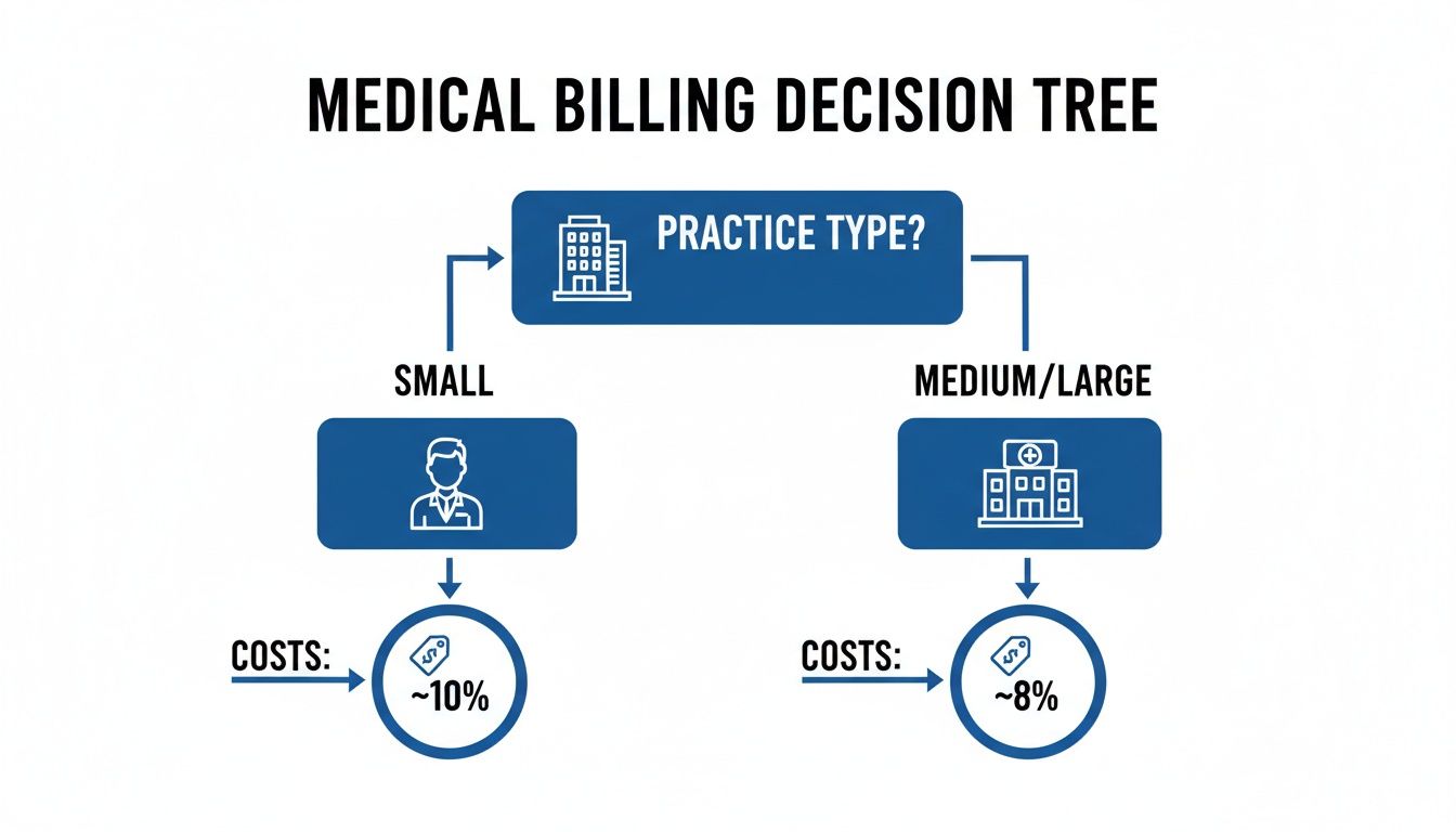 Decision tree showing medical billing costs. Small practices pay ~10%, medium/large pay ~8%.