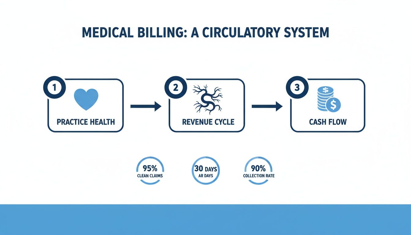 Flowchart illustrating medical billing as a circulatory system, connecting practice health, revenue cycle, and cash flow with key metrics.