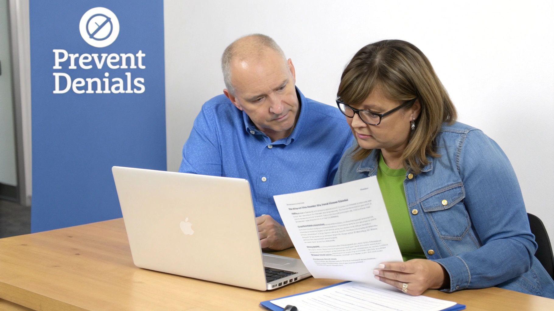 Two professionals review documents and a laptop, focusing on preventing denials in a business setting.