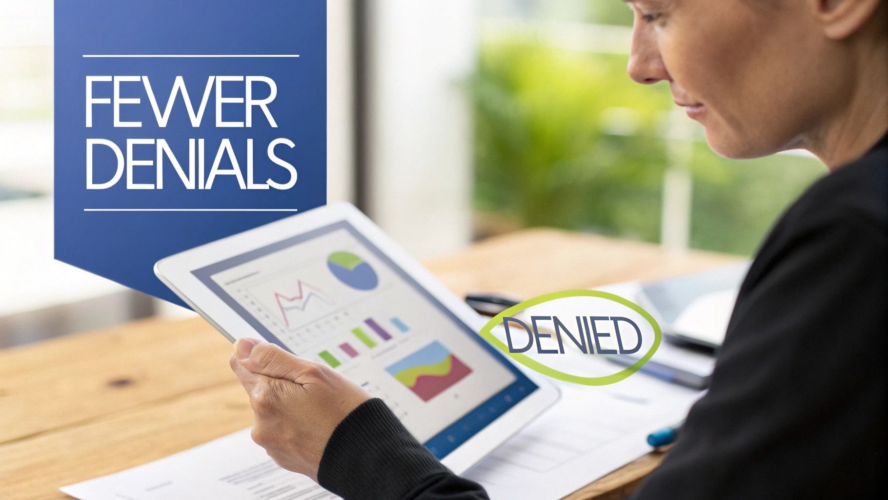 A person reviews financial data on a tablet, with 'Fewer Denials' displayed, indicating improved outcomes.