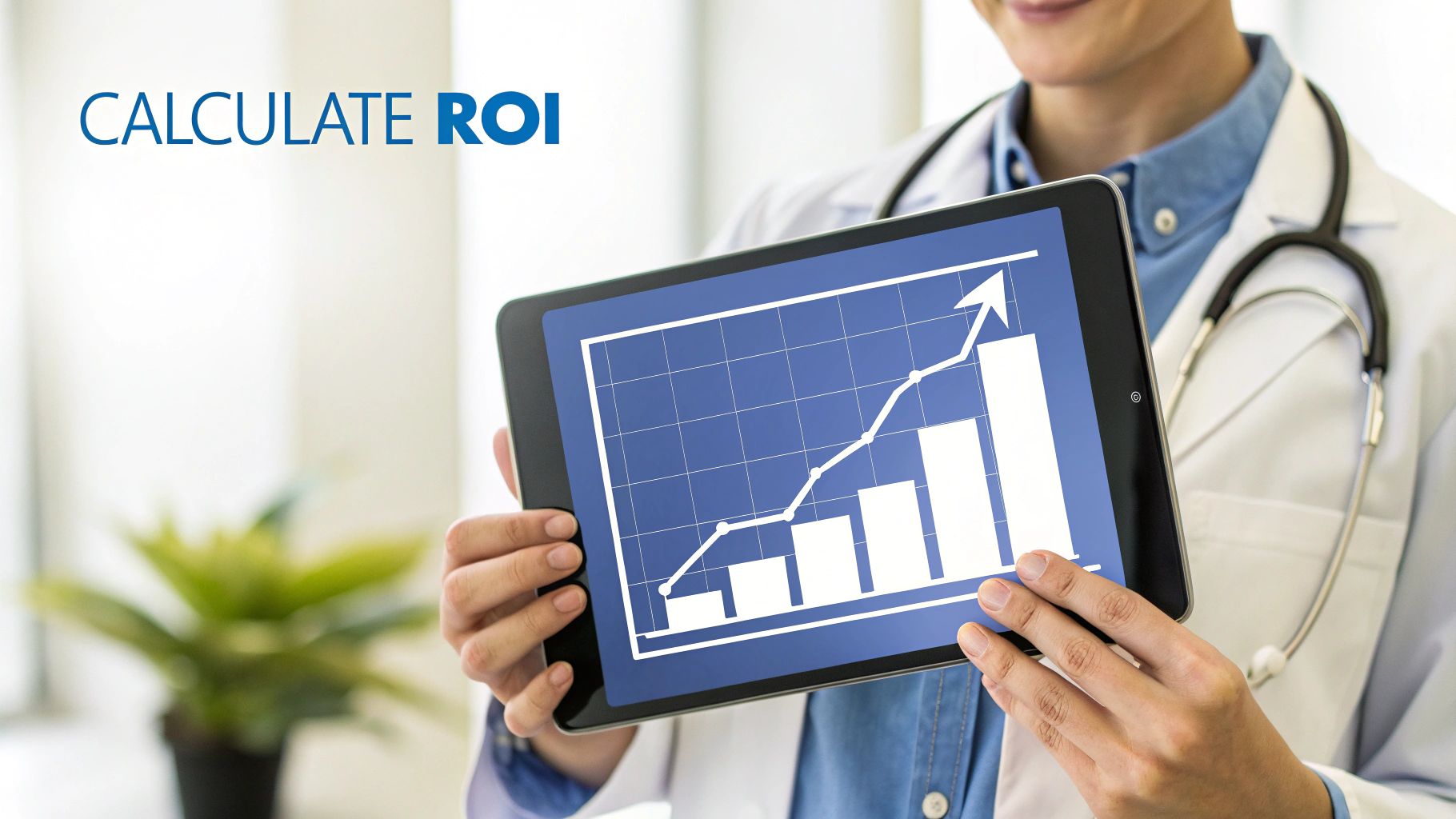 A medical professional holds a tablet displaying a rising graph and bar chart, indicating ROI calculation.