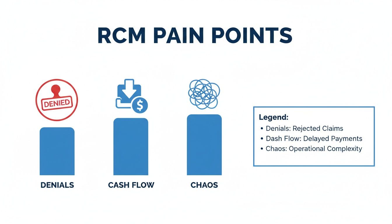 An infographic detailing RCM pain points: rejected claims, delayed payments, and operational complexity.