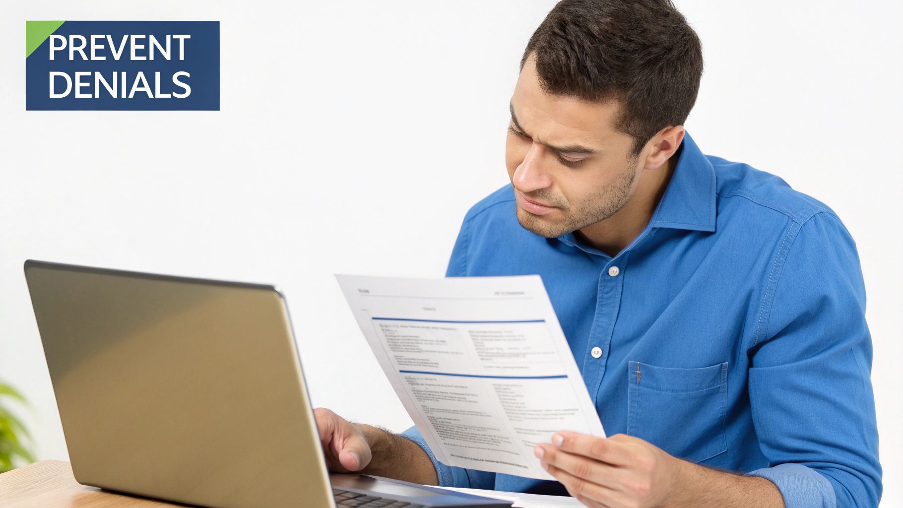 Man in blue shirt carefully reviewing documents at a desk with a laptop, aiming to prevent denials.