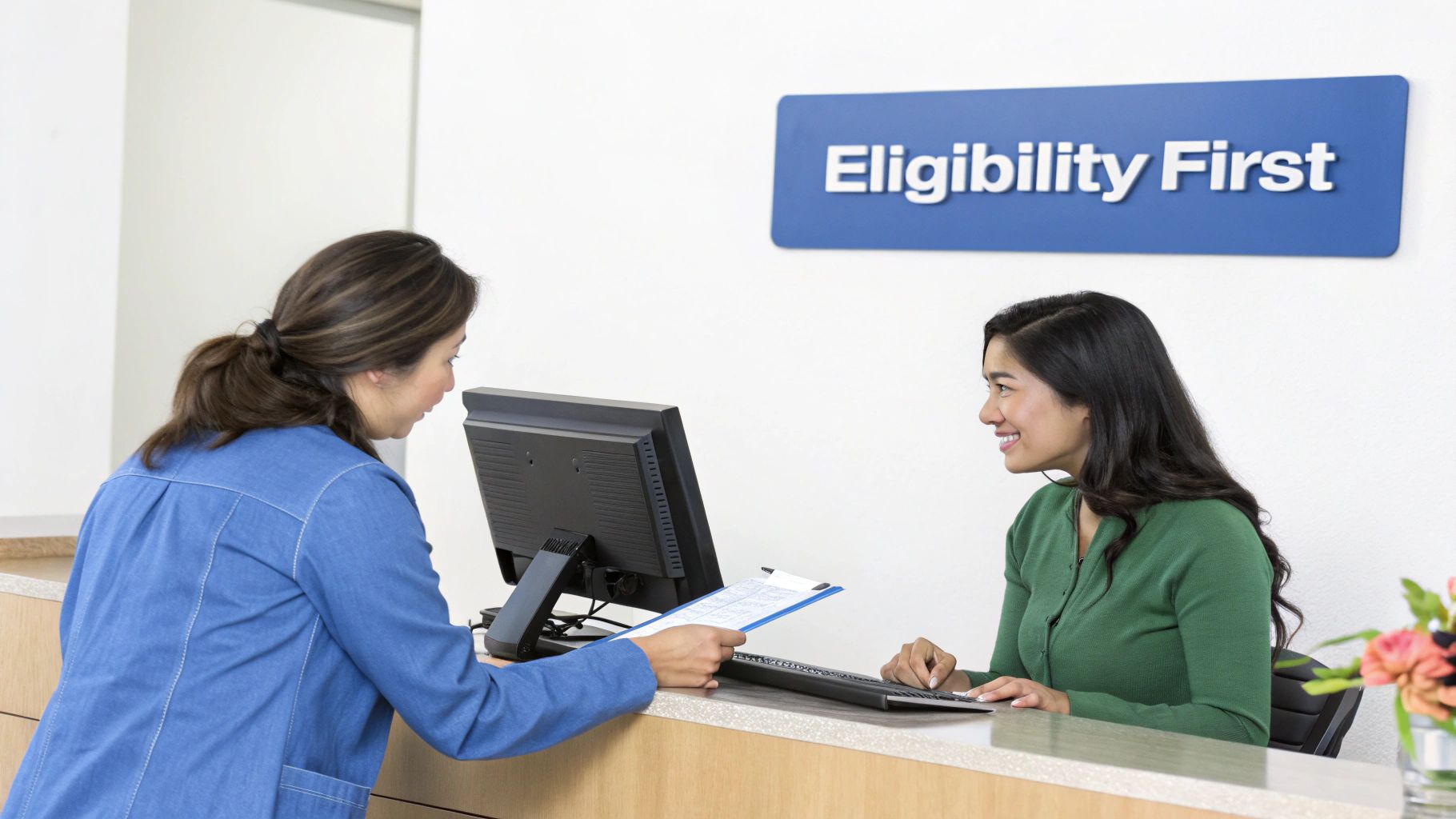 A customer hands documents to a friendly service representative at a counter with an 'Eligibility First' sign.