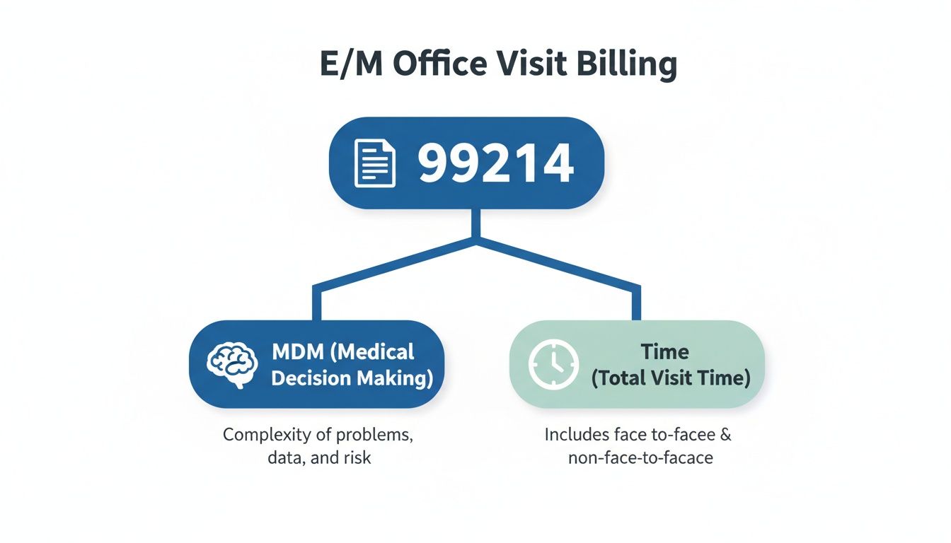 Flowchart detailing CPT code 99214 E/M office visit billing criteria: MDM and total time.