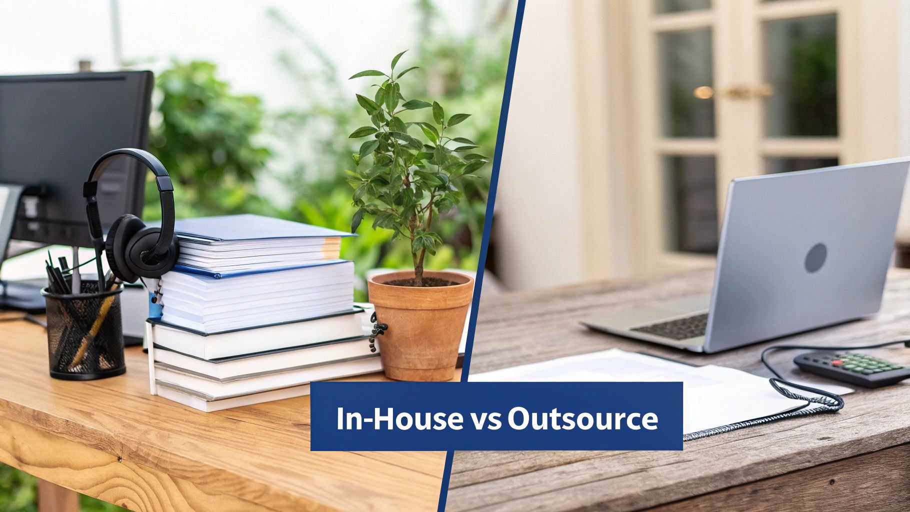 Split image shows an in-house office desk with computer, headphones, and books, contrasting with a remote work laptop setup.
