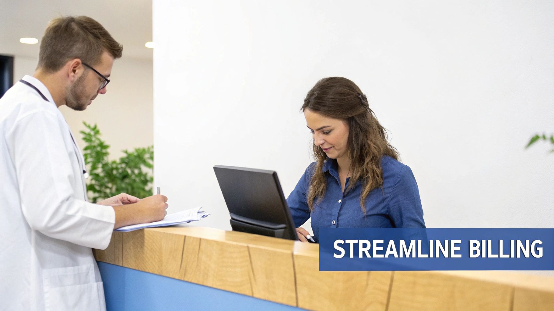 Doctor and receptionist working at a medical office reception desk, with 'STREAMLINE BILLING' overlay.
