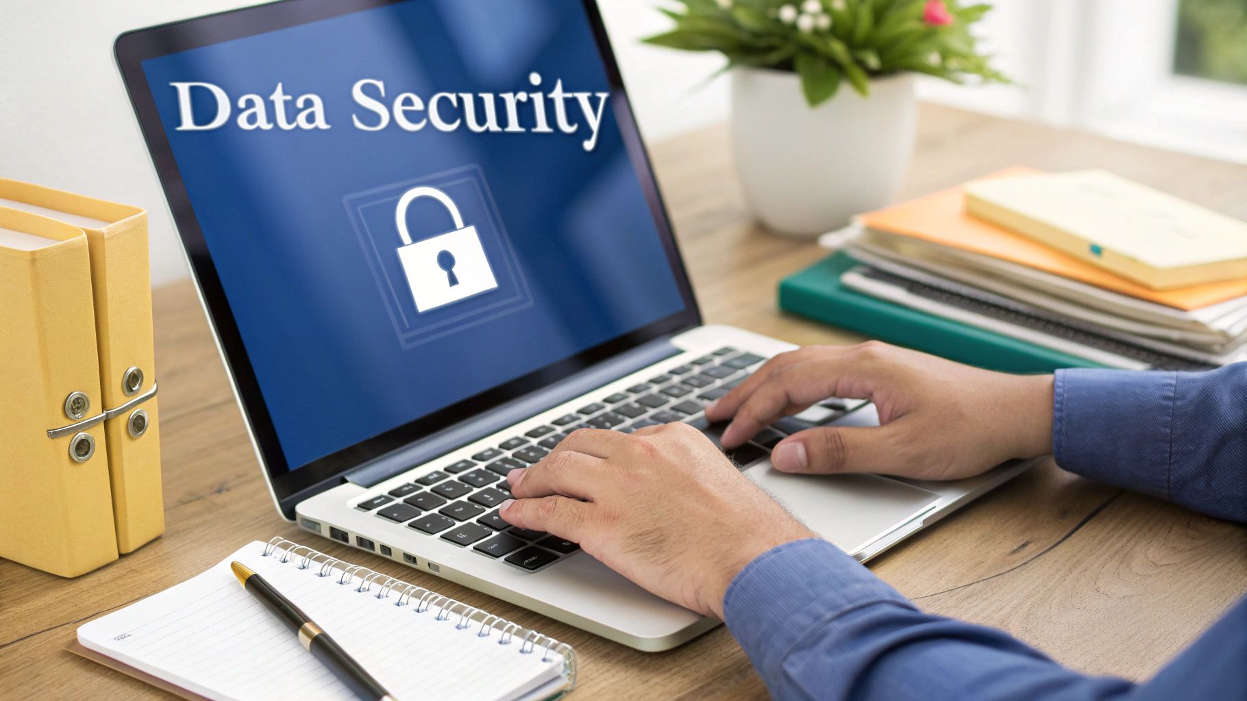 A person types on a laptop showing "Data Security" and a padlock icon, on a wooden desk.