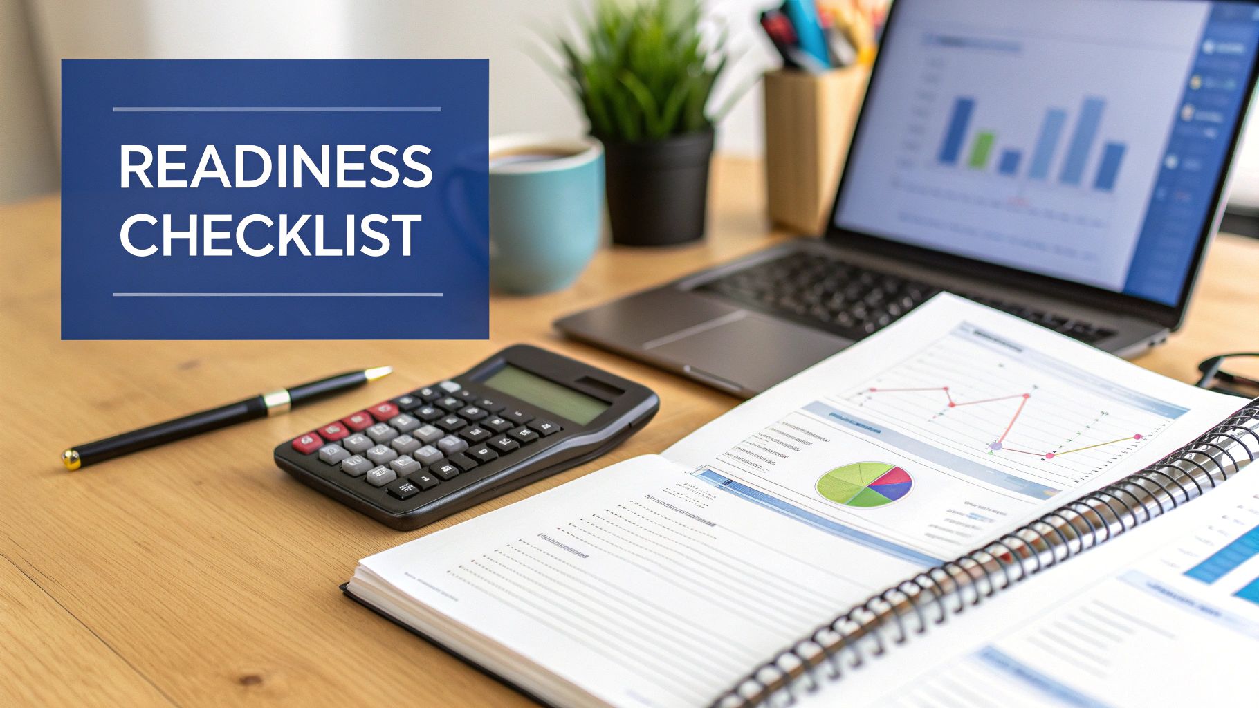 A desk with a blue 'READINESS CHECKLIST' box, laptop, calculator, and notebook with financial graphs.