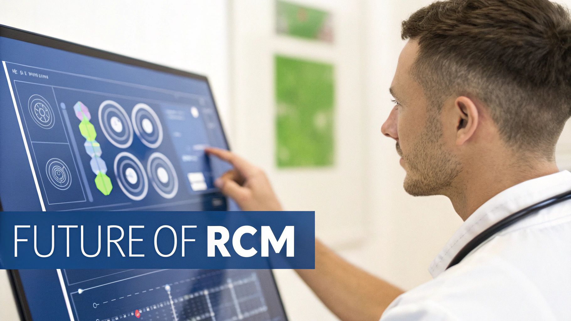 Medical professional interacting with a large touchscreen displaying data for the future of RCM.