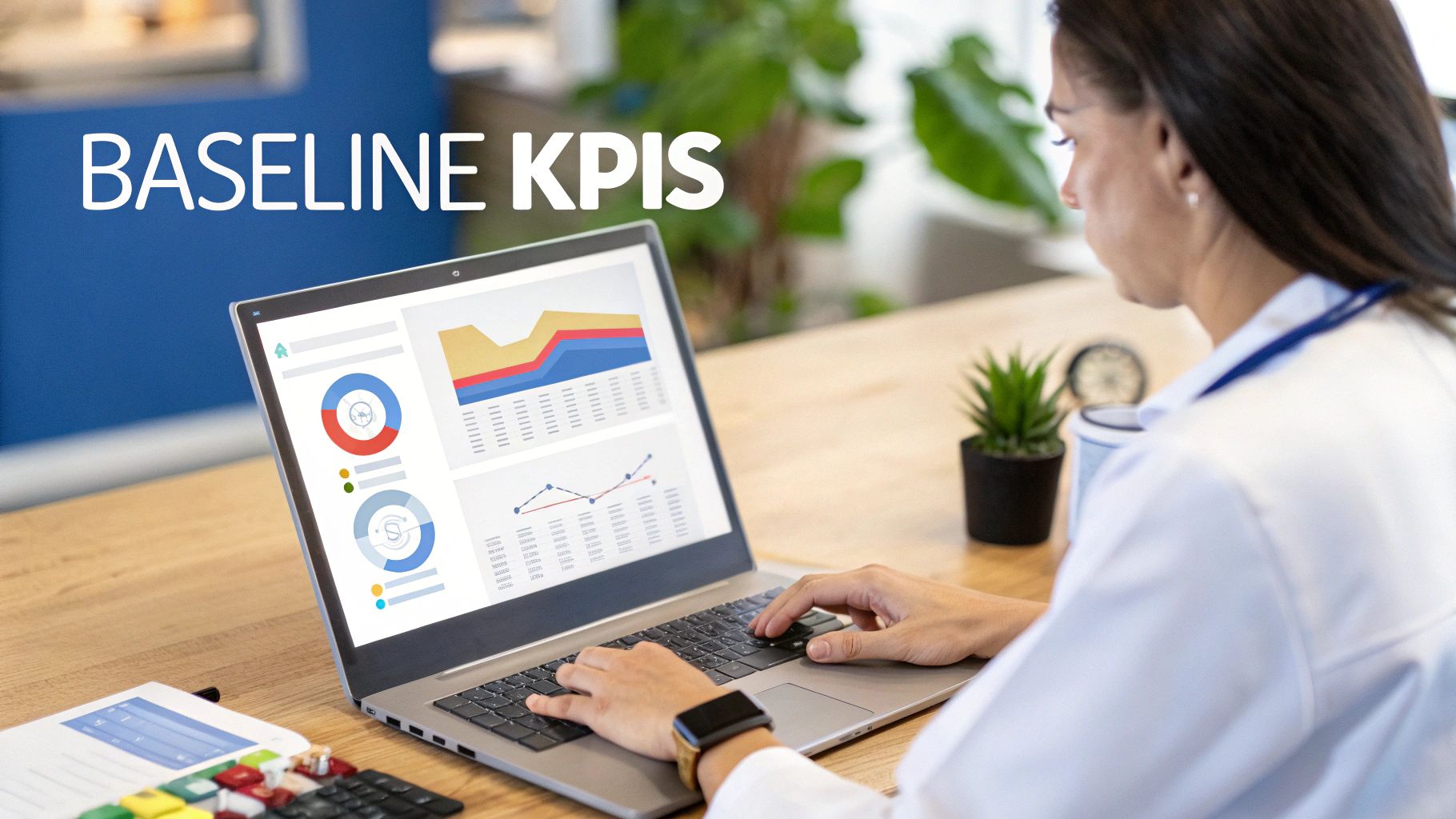 A person works on a laptop displaying data visualizations and charts, with 'BASELINE KPIS' text.