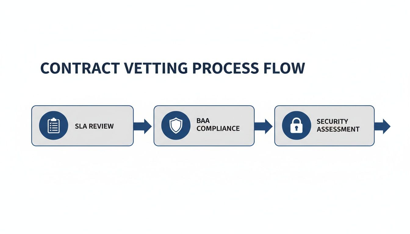 Flowchart illustrating the contract vetting process with steps for SLA review, BAA compliance, and security assessment.