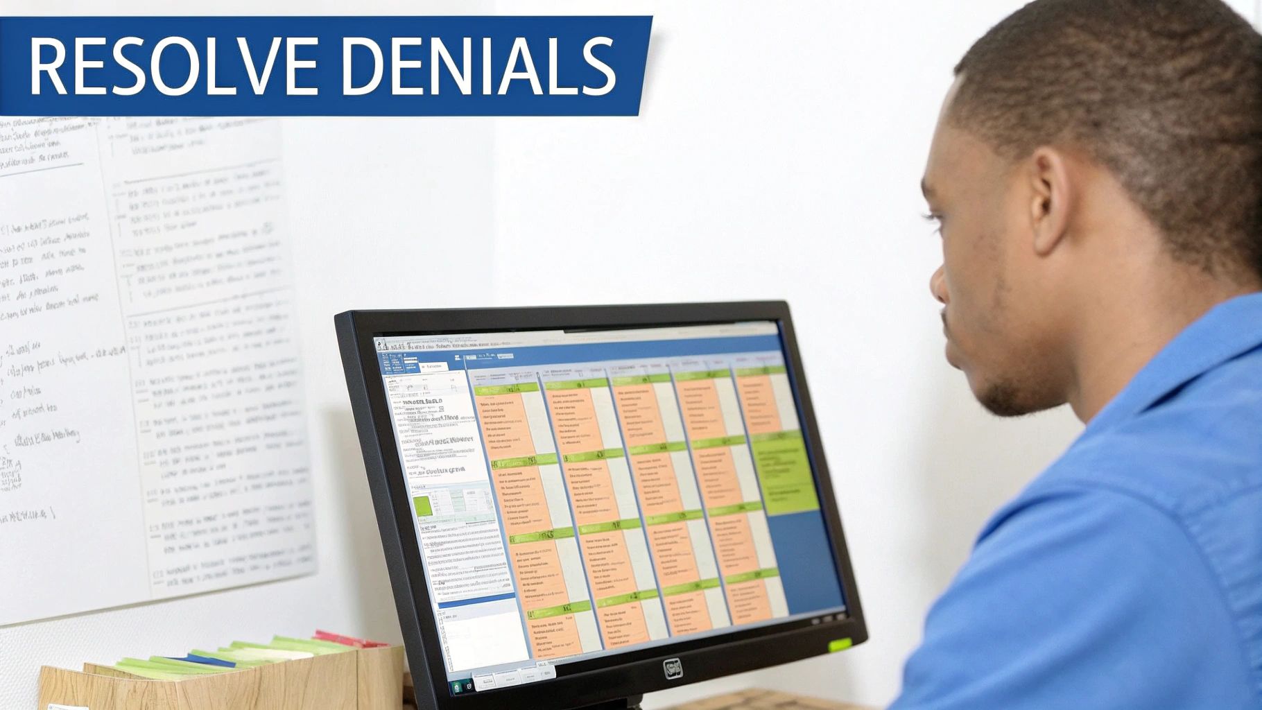 A man in a blue shirt intently views a computer screen displaying a data grid, with a 'RESOLVE DENIALS' banner.