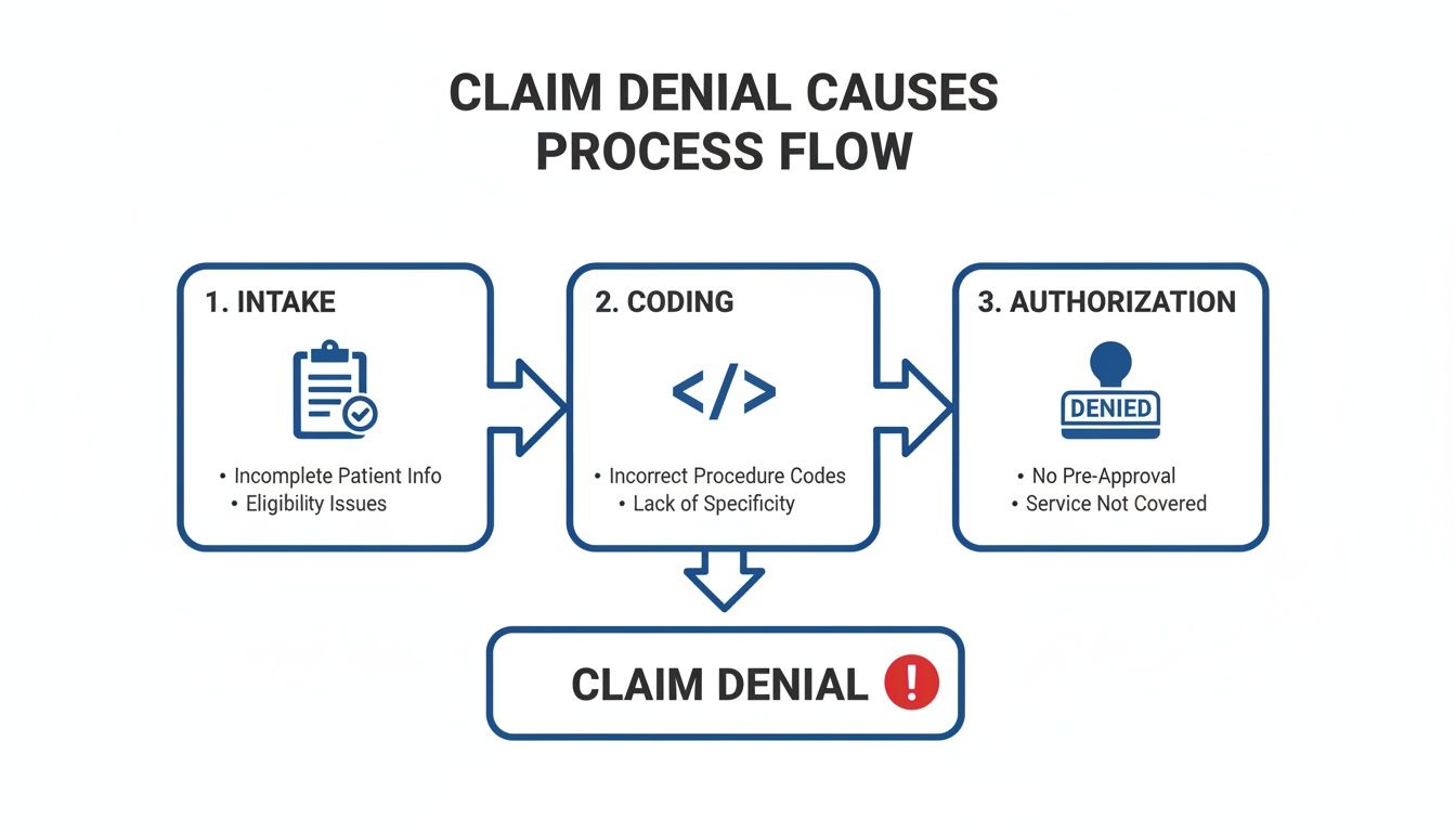 A process flow diagram illustrating common causes of claim denial in healthcare, categorized by intake, coding, and authorization stages.