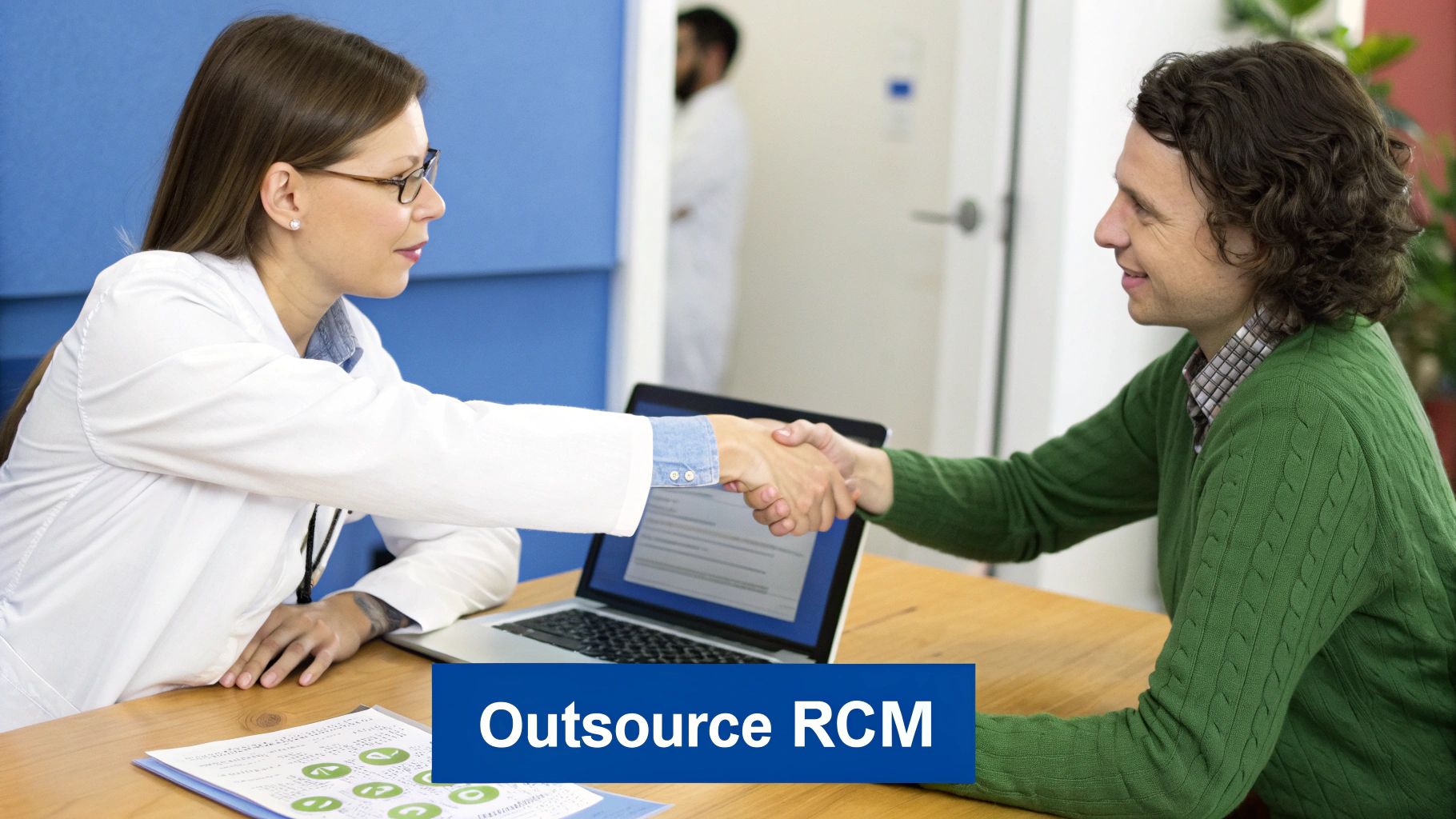 A female doctor in a white coat shaking hands with a male patient at a desk.