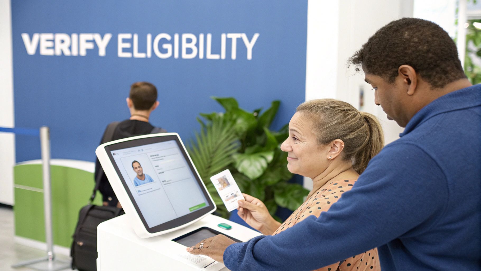 Two individuals use a self-service kiosk for eligibility verification, holding an ID card.