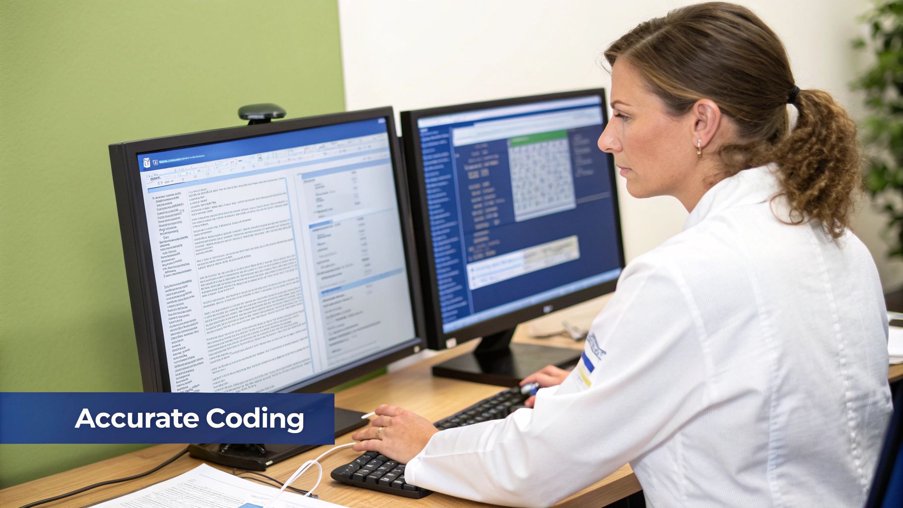 Healthcare professional in a lab coat using dual monitors for accurate medical coding and data entry.
