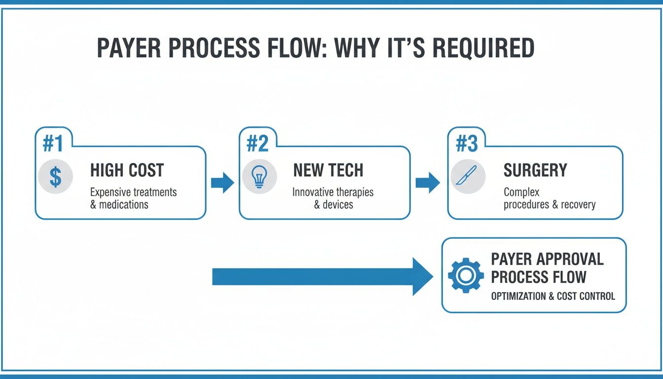 Diagram illustrating the payer process flow required due to high costs, new technology, and complex surgeries.