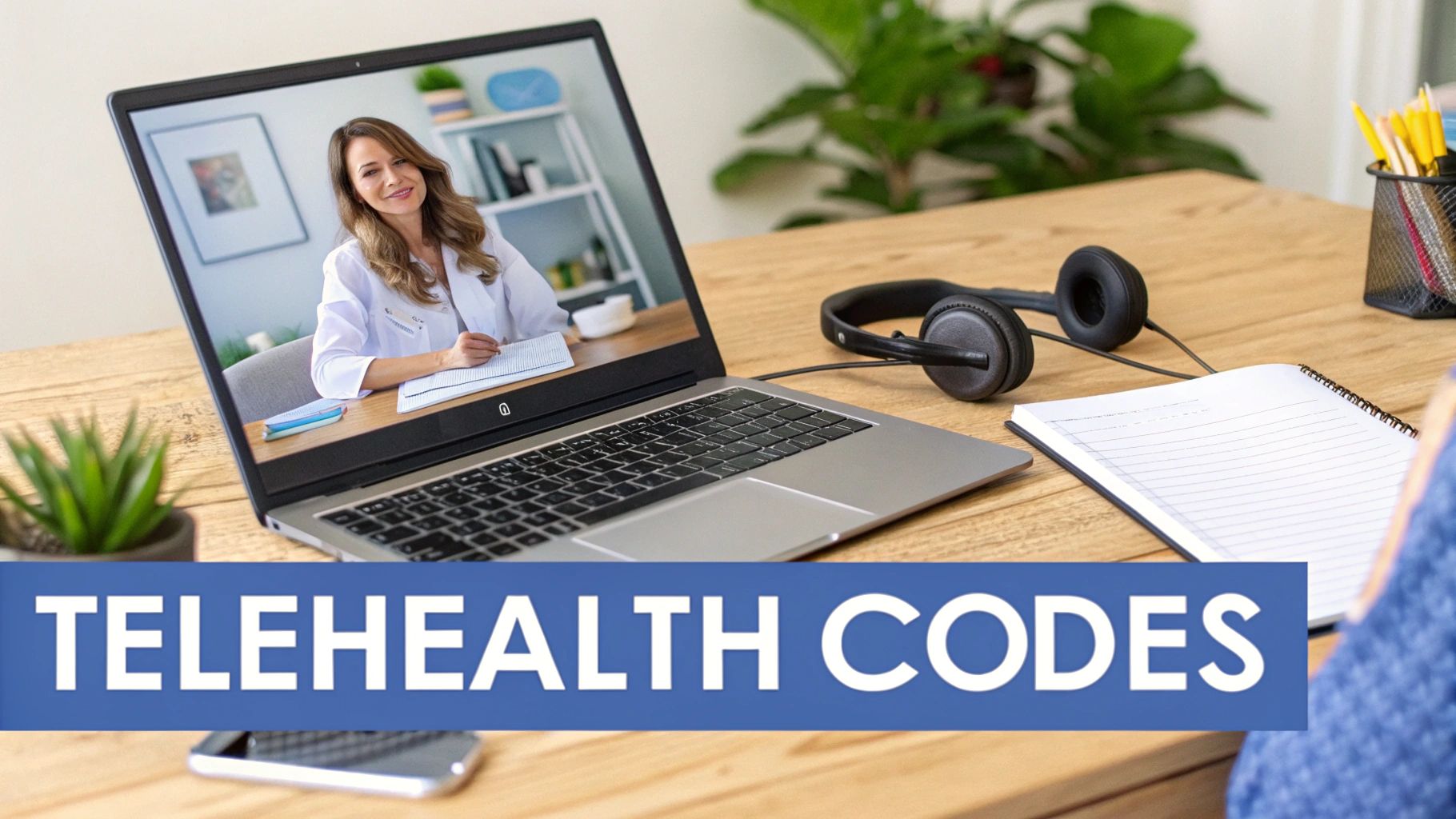 A person uses a laptop for a telehealth video call with a smiling female doctor on screen.