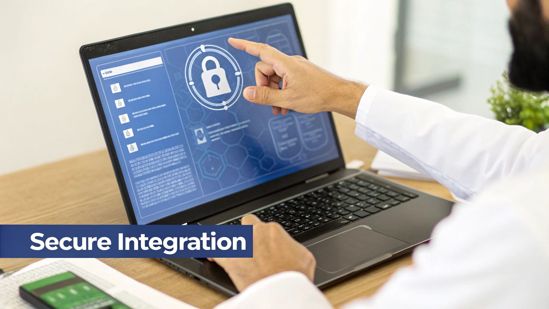 A person points to a laptop screen displaying a large padlock icon, symbolizing secure integration.