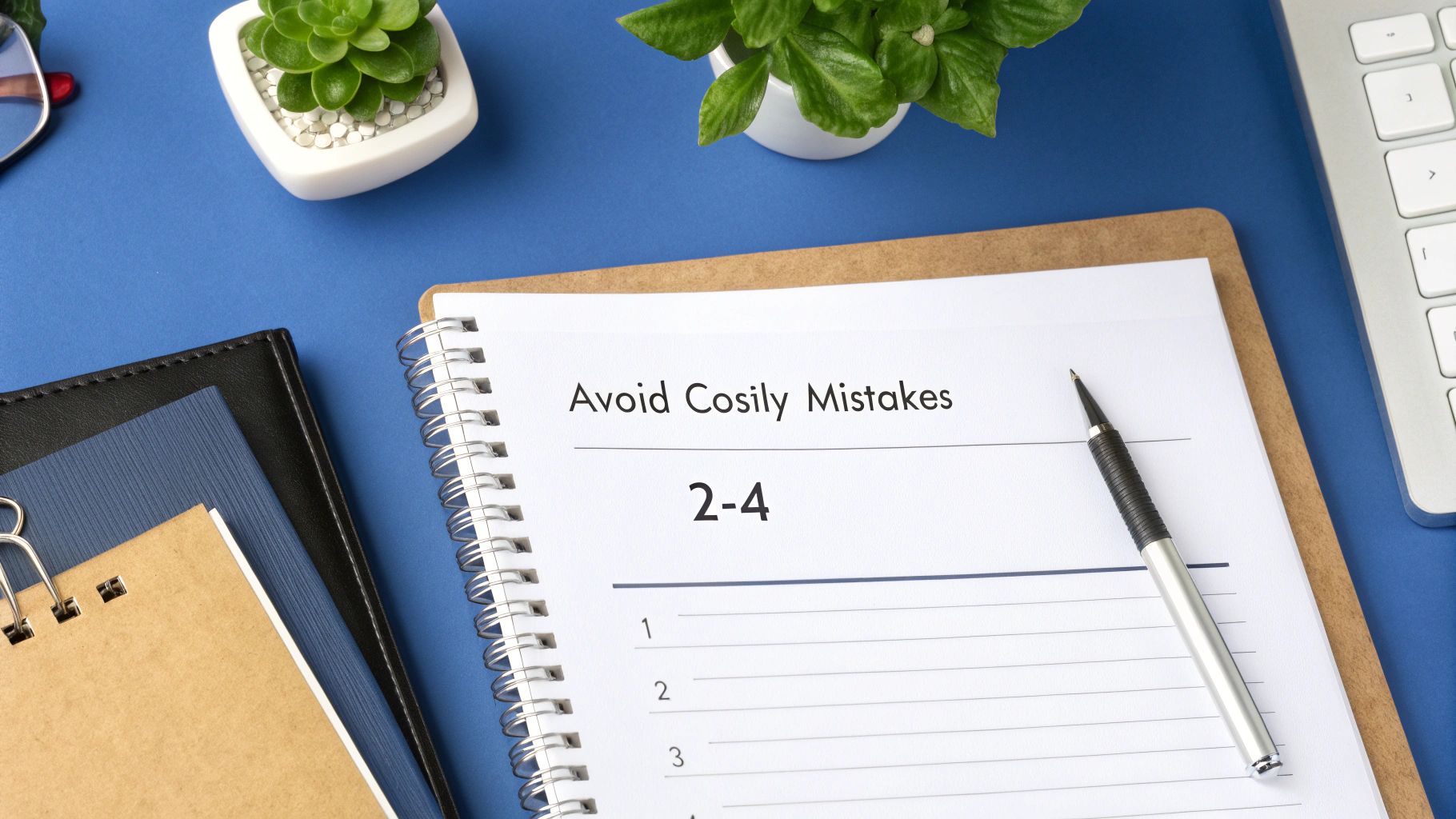 Overhead view of a notebook saying 'Avoid Cosily Mistakes' with a pen, plants, and keyboard on blue desk.