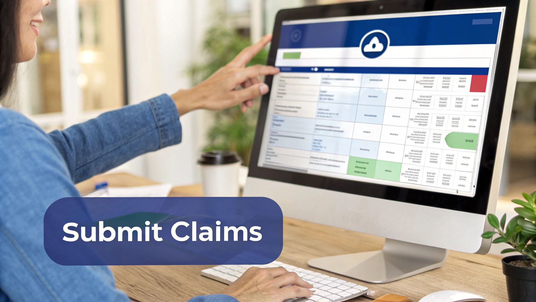 A person submitting claims on a computer screen, with a prominent 'Submit Claims' overlay.