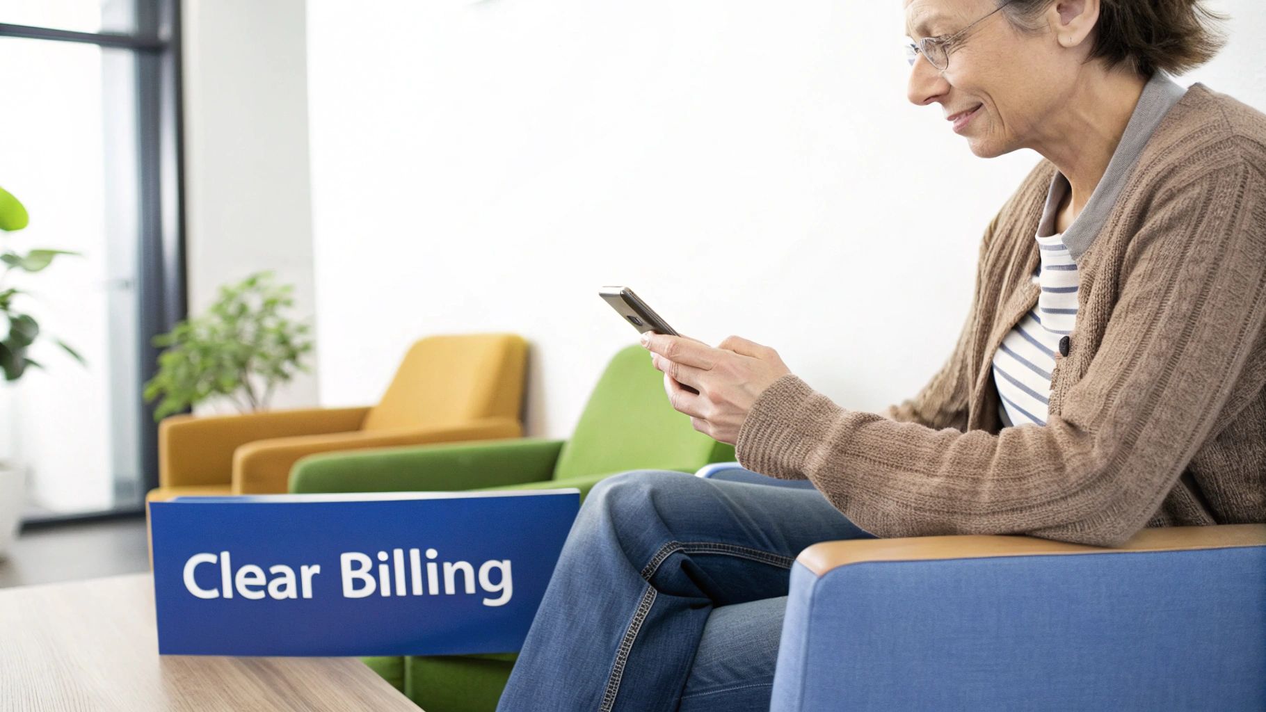 A smiling woman in glasses uses her smartphone in a waiting area with a 'Clear Billing' sign.