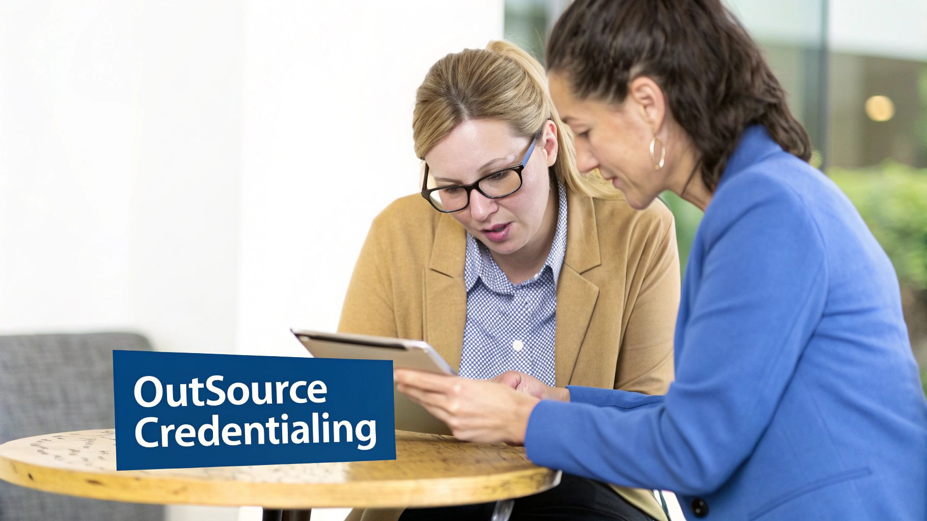 Two women collaboratively review information on a tablet, focusing on an outsourced credentialing discussion.