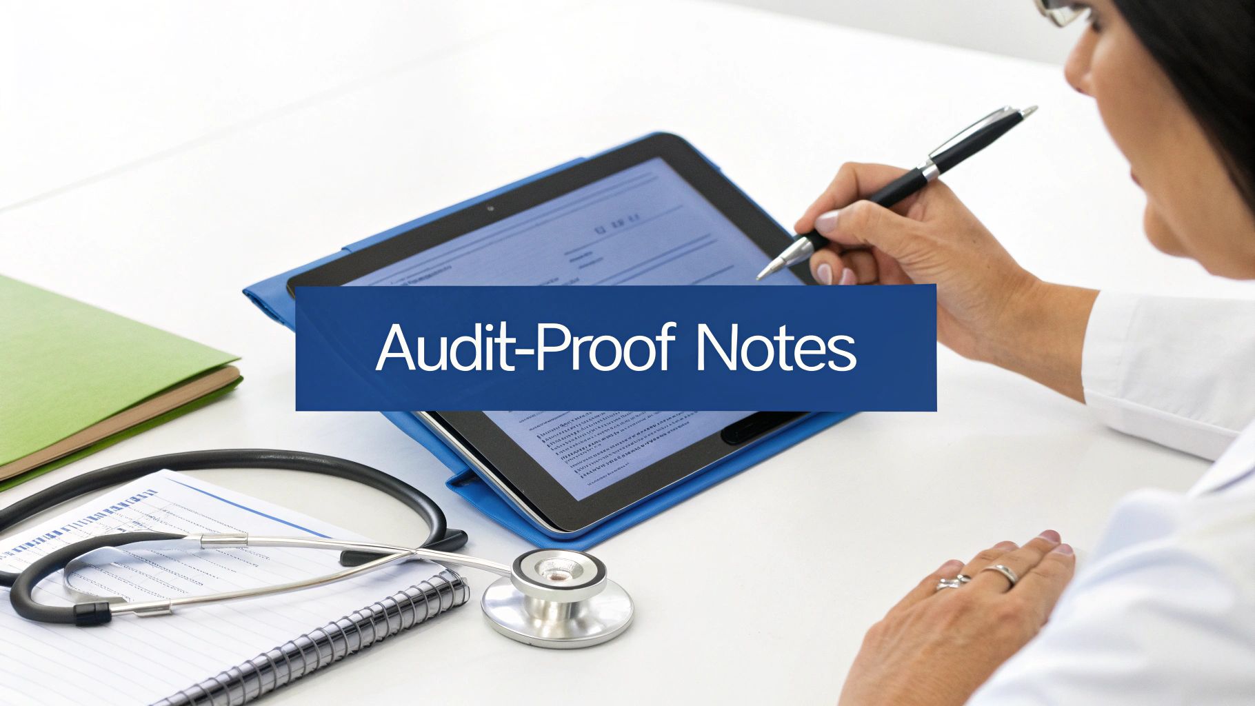 A medical professional writes audit-proof notes on a digital tablet with a stylus, next to a stethoscope.