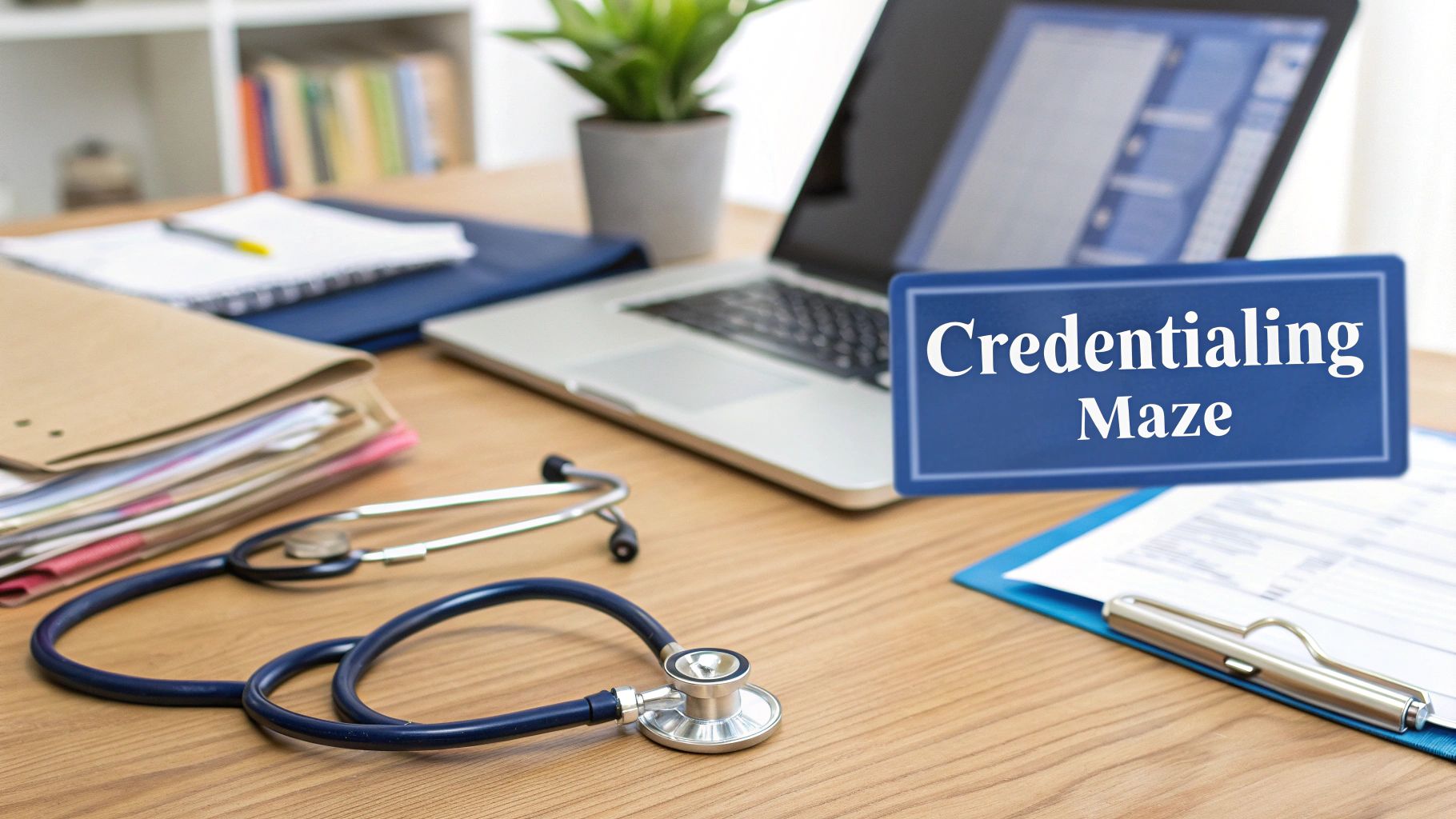 A medical desk with a stethoscope, laptop, files, and a sign reading 'Credentialing Maze'.