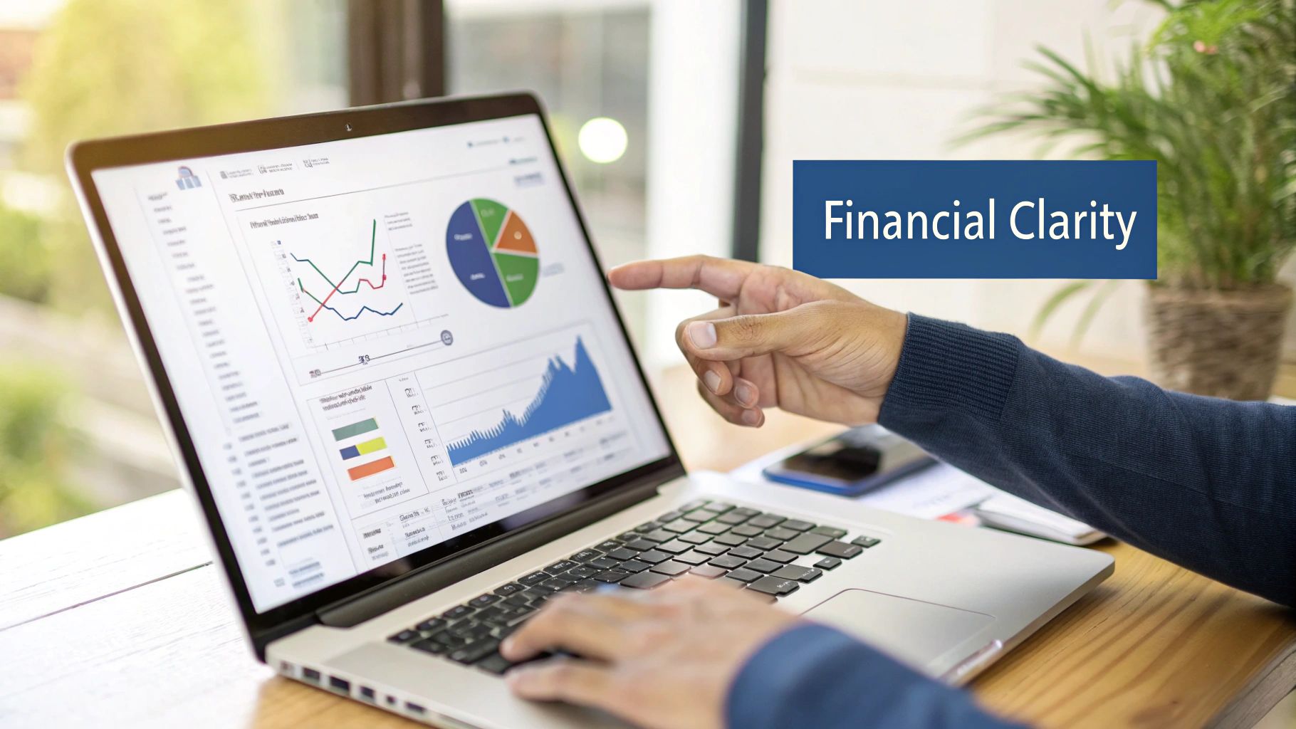 A person points at a laptop displaying financial charts and graphs, with 'Financial Clarity' text overlay.