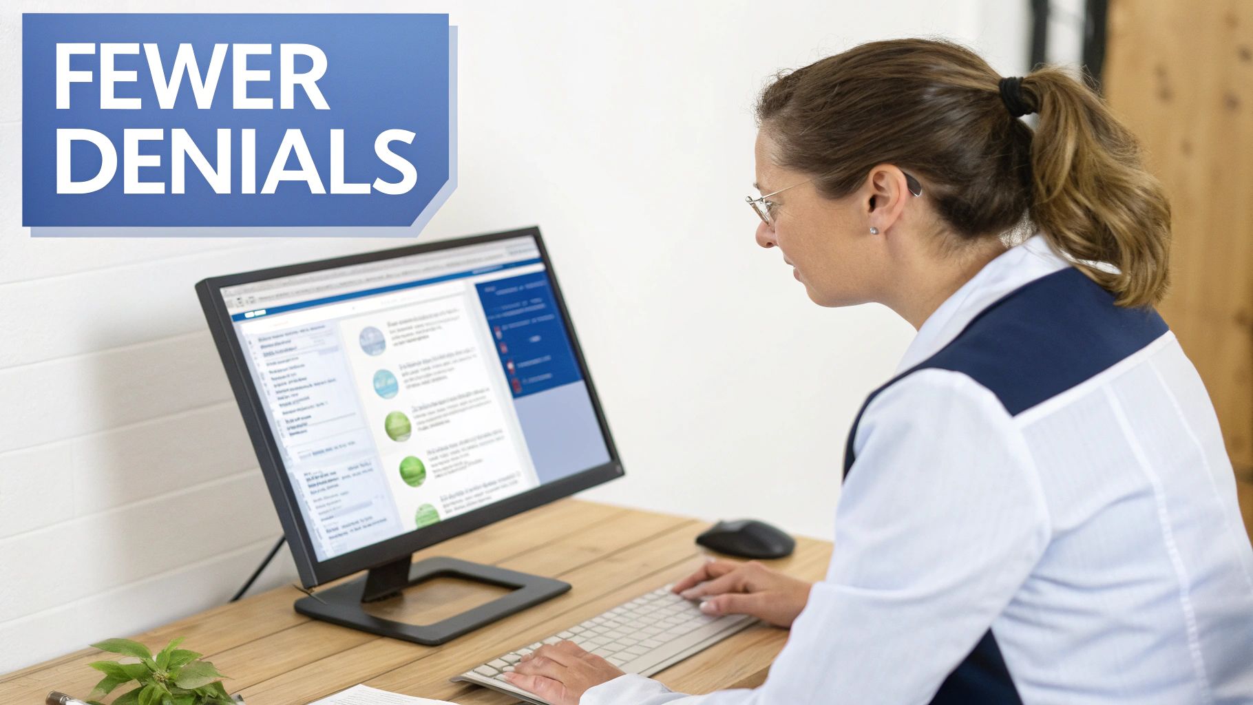 Professional woman in uniform works at a computer, banner says 'Fewer Denials', implying improved processes.