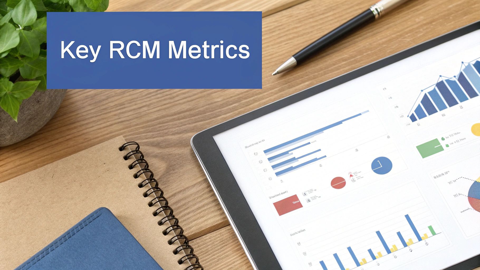 Tablet displaying various charts and 'Key RCM Metrics' on a desk with notebooks and a pen.
